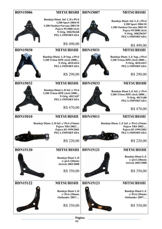 Página
40
BDN15006 MITSUBISHI
Bandeja Diant. Inf. L.D c/Pivô
L200 Sport 2004/10
L200 Outdoor/Savana 2003/10
Pajero 95/2000 (4x4)
N Orig. MR296268
PEÇA IMPORTADA
R$ 490,00
BDN15007 MITSUBISHI
Bandeja Diant. Inf. L.E c/Pivô
L200 Sport 2004/10
L200 Outdoor/Savana 2003/10
Pajero 95/2000 (4x4)
N Orig. MR296267
PEÇA IMPORTADA
R$ 490,00
BDN15030 MITSUBISHI
Bandeja Diant. L.D Sup. c/Pivô
L200 Triton HPE (4x4) 2008/...
N Orig. 4010A014
PEÇA IMPORTADA
R$ 290,00
BDN15031 MITSUBISHI
Bandeja Diant. L.E Sup. c/Pivô
L200 Triton HPE (4x4) 2008/...
N Orig. 4010A013
PEÇA IMPORTADA
R$ 290,00
BDN15032 MITSUBISHI
Bandeja Diant L.D Inf. c/ Pivô
L200 Triton HPE (4x4) 2008/...
N Orig. 4013A87
PEÇA IMPORTADA
R$ 470,00
BDN15033 MITSUBISHI
Bandeja Diant L.E Inf. c/ Pivô
L200 Triton HPE (4x4) 2008/...
N Orig. 4013A88
PEÇA IMPORTADA
R$ 470,00
BDN15010 MITSUBISHI
Bandeja Diant. L.D Inf. c/ Pivô (15mm)
Pajero TR4 2002/…
Pajero IO 1999/2002
PEÇA IMPORTADA
R$ 220,00
BDN15011 MITSUBISHI
Bandeja Diant. L.E Inf. c/ Pivô (15mm)
Pajero TR4 2002/…
Pajero IO 1999/2002
PEÇA IMPORTADA
R$ 220,00
BDN15120 MITSUBISHI
Bandeja Diant L.D
c/ pivô (20mm)
Airtrek 2003/2008
R$ 350,00
BDN15121 MITSUBISHI
Bandeja Diant L.E
c/ pivô (20mm)
Airtrek 2003/2008
R$ 350,00
BDN15122 MITSUBISHI
Bandeja Diant L.D
c/ Pivô (20mm)
Outlander 2007/…
R$ 350,00
BDN15123 MITSUBISHI
Bandeja Diant L.E
c/ Pivô (20mm)
Outlander 2007/…
R$ 350,00
 