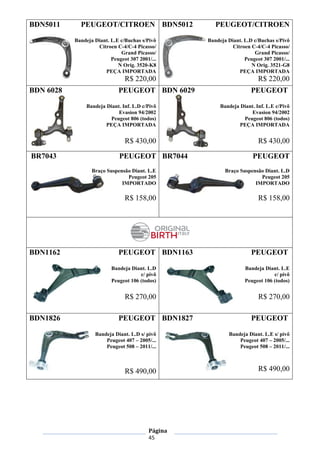 Página
45
BDN5011 PEUGEOT/CITROEN
Bandeja Diant. L.E c/Buchas s/Pivô
Citroen C-4/C-4 Picasso/
Grand Picasso/
Peugeot 307 2001/...
N Orig. 3520-K8
PEÇA IMPORTADA
R$ 220,00
BDN5012 PEUGEOT/CITROEN
Bandeja Diant. L.D c/Buchas s/Pivô
Citroen C-4/C-4 Picasso/
Grand Picasso/
Peugeot 307 2001/...
N Orig. 3521-G8
PEÇA IMPORTADA
R$ 220,00
BDN 6028 PEUGEOT
Bandeja Diant. Inf. L.D c/Pivô
Evasion 94/2002
Peugeot 806 (todos)
PEÇA IMPORTADA
R$ 430,00
BDN 6029 PEUGEOT
Bandeja Diant. Inf. L.E c/Pivô
Evasion 94/2002
Peugeot 806 (todos)
PEÇA IMPORTADA
R$ 430,00
BR7043 PEUGEOT
Braço Suspensão Diant. L.E
Peugeot 205
IMPORTADO
R$ 158,00
BR7044 PEUGEOT
Braço Suspensão Diant. L.D
Peugeot 205
IMPORTADO
R$ 158,00
BDN1162 PEUGEOT
Bandeja Diant. L.D
c/ pivô
Peugeot 106 (todos)
R$ 270,00
BDN1163 PEUGEOT
Bandeja Diant. L.E
c/ pivô
Peugeot 106 (todos)
R$ 270,00
BDN1826 PEUGEOT
Bandeja Diant. L.D s/ pivô
Peugeot 407 – 2005/...
Peugeot 508 – 2011/...
R$ 490,00
BDN1827 PEUGEOT
Bandeja Diant. L.E s/ pivô
Peugeot 407 – 2005/...
Peugeot 508 – 2011/...
R$ 490,00
 