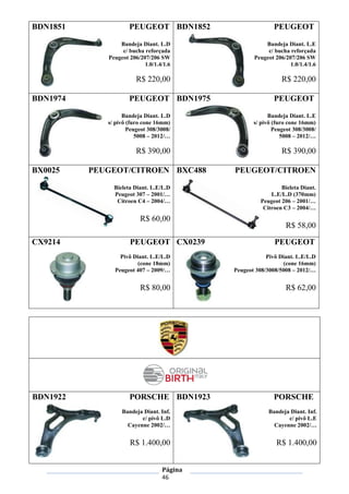 Página
46
BDN1851 PEUGEOT
Bandeja Diant. L.D
c/ bucha reforçada
Peugeot 206/207/206 SW
1.0/1.4/1.6
R$ 220,00
BDN1852 PEUGEOT
Bandeja Diant. L.E
c/ bucha reforçada
Peugeot 206/207/206 SW
1.0/1.4/1.6
R$ 220,00
BDN1974 PEUGEOT
Bandeja Diant. L.D
s/ pivô (furo cone 16mm)
Peugeot 308/3008/
5008 – 2012/…
R$ 390,00
BDN1975 PEUGEOT
Bandeja Diant. L.E
s/ pivô (furo cone 16mm)
Peugeot 308/3008/
5008 – 2012/…
R$ 390,00
BX0025 PEUGEOT/CITROEN
Bieleta Diant. L.E/L.D
Peugeot 307 – 2001/…
Citroen C4 – 2004/…
R$ 60,00
BXC488 PEUGEOT/CITROEN
Bieleta Diant.
L.E/L.D (370mm)
Peugeot 206 – 2001/…
Citroen C3 – 2004/…
R$ 58,00
CX9214 PEUGEOT
Pivô Diant. L.E/L.D
(cone 18mm)
Peugeot 407 – 2009/…
R$ 80,00
CX0239 PEUGEOT
Pivô Diant. L.E/L.D
(cone 16mm)
Peugeot 308/3008/5008 – 2012/…
R$ 62,00
BDN1922 PORSCHE
Bandeja Diant. Inf.
c/ pivô L.D
Cayenne 2002/…
R$ 1.400,00
BDN1923 PORSCHE
Bandeja Diant. Inf.
c/ pivô L.E
Cayenne 2002/…
R$ 1.400,00
 