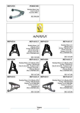 Página
47
BDN1921 PORSCHE
Bandeja Diant. Sup.
c/ pivô L.D/L.E
Cayenne 2002/…
R$ 880,00
BDN4214 RENAULT
Bandeja Diant. L.D
c/Bucha s/Pivô
N Orig.7700.425.228-B
Clio II 1.0/1.6 98/...
Kangoo 1.0/1.6 98...
PEÇA IMPORTADA
R$ 143,00
BDN4215 RENAULT
Bandeja Diant. L.E
c/Bucha s/Pivô
N Orig. 7700.425.227-B
Clio II 1.0/1.6 98/...
Kangoo 1.0/1.6 98/...
PEÇA IMPORTADA
R$ 143,00
BDN4200 RENAULT
Bandeja Diant. L.D c/Bucha c/Pivô
N Orig. 77.00.425.228
Clio II 1.0/1.6 98/... Symbol 1.6 16V
Kangoo 1.0/1.6 98/...
(Sistema Bieleta)
PEÇA IMPORTADA
R$ 167,00
BDN4201 RENAULT
Bandeja Diant. L.E c/Bucha c/Pivô
N Orig. 77.00.425.227
Clio II 1.0/1.6 98/... Symbol 1.6 16V
Kangoo 1.0/1.6 98/...
(Sistema Bieleta)
PEÇA IMPORTADA
R$ 167,00
BDN4212 RENAULT
Bandeja Diant. L.D c/Bucha s/Pivô
N Orig. 7700.430.766-B
Megane 1.6/2.0 2000/2006
Scenic 1.6/2.0 97/...
Renault R-19
PEÇA IMPORTADA
R$ 143,00
BDN4213 RENAULT
Bandeja Diant. L.E c/Bucha s/Pivô
N Orig. 7700.430.765-B
Megane 1.6/2.0 2000/2006
Scenic 1.6 /2.0 97/...
Renault R-19
PEÇA IMPORTADA
R$ 143,00
 
