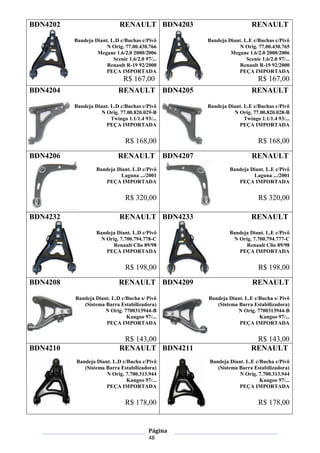 Página
48
BDN4202 RENAULT
Bandeja Diant. L.D c/Buchas c/Pivô
N Orig. 77.00.430.766
Megane 1.6/2.0 2000/2006
Scenic 1.6/2.0 97/...
Renault R-19 92/2000
PEÇA IMPORTADA
R$ 167,00
BDN4203 RENAULT
Bandeja Diant. L.E c/Buchas c/Pivô
N Orig. 77.00.430.765
Megane 1.6/2.0 2000/2006
Scenic 1.6/2.0 97/...
Renault R-19 92/2000
PEÇA IMPORTADA
R$ 167,00
BDN4204 RENAULT
Bandeja Diant. L.D c/Buchas c/Pivô
N Orig. 77.00.820.029-B
Twingo 1.1/1.4 93/...
PEÇA IMPORTADA
R$ 168,00
BDN4205 RENAULT
Bandeja Diant. L.E c/Buchas c/Pivô
N Orig. 77.00.820.028-B
Twingo 1.1/1.4 93/...
PEÇA IMPORTADA
R$ 168,00
BDN4206 RENAULT
Bandeja Diant. L.D c/Pivô
Laguna .../2001
PEÇA IMPORTADA
R$ 320,00
BDN4207 RENAULT
Bandeja Diant. L.E c/Pivô
Laguna .../2001
PEÇA IMPORTADA
R$ 320,00
BDN4232 RENAULT
Bandeja Diant. L.D c/Pivô
N Orig. 7.700.794.778-C
Renault Clio 89/98
PEÇA IMPORTADA
R$ 198,00
BDN4233 RENAULT
Bandeja Diant. L.E c/Pivô
N Orig. 7.700.794.777-C
Renault Clio 89/98
PEÇA IMPORTADA
R$ 198,00
BDN4208 RENAULT
Bandeja Diant. L.D c/Bucha s/ Pivô
(Sistema Barra Estabilizadora)
N Orig. 7700313944-B
Kangoo 97/...
PEÇA IMPORTADA
R$ 143,00
BDN4209 RENAULT
Bandeja Diant. L.E c/Bucha s/ Pivô
(Sistema Barra Estabilizadora)
N Orig. 7700313944-B
Kangoo 97/...
PEÇA IMPORTADA
R$ 143,00
BDN4210 RENAULT
Bandeja Diant. L.D c/Bucha c/Pivô
(Sistema Barra Estabilizadora)
N Orig. 7.700.313.944
Kangoo 97/...
PEÇA IMPORTADA
R$ 178,00
BDN4211 RENAULT
Bandeja Diant. L.E c/Bucha c/Pivô
(Sistema Barra Estabilizadora)
N Orig. 7.700.313.944
Kangoo 97/...
PEÇA IMPORTADA
R$ 178,00
 