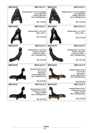 Página
49
BDN4220 RENAULT
Bandeja Diant. L.D c/Pivô (18mm)
Logan 2007/2013
Sandero 2007/2013
PEÇA IMPORTADA
R$ 198,00
BDN4221 RENAULT
Bandeja Diant. L.E c/Pivô (18mm)
Logan 2007/2013
Sandero 2007/2013
PEÇA IMPORTADA
R$ 198,00
BDN4250 RENAULT
Bandeja Diant. L.D c/Pivô
Duster 2012/...
R$ 270,00
BDN4251 RENAULT
Bandeja Diant. L.E c/Pivô
Duster 2012/...
R$ 270,00
BDN4278 RENAULT
Bandeja Diant. L.D c/Pivô
Megane Sedan/SW/
Grand Tour 2007/...
PEÇA IMPORTADA
R$ 242,00
BDN4279 RENAULT
Bandeja Diant. L.E c/Pivô
Megane Sedan/SW/
Grand Tour 2007/...
PEÇA IMPORTADA
R$ 242,00
BDN4225 RENAULT
Bandeja Diant L.E Inf.
Pivô 24 mm
Máster 08/...
N Orig. 8200.750.273
PEÇA IMPORTADA
R$ 620,00
BDN4224 RENAULT
Bandeja Diant L.D Inf.
Pivô 24 mm
Máster 08/...
N Orig. 8200.750.274
PEÇA IMPORTADA
R$ 620,00
BDN4223 RENAULT
Bandeja Diant L.E Inf.
c/ Bucha Pivô 22 mm
Máster 97/2007
PEÇA IMPORTADA
R$ 620,00
BDN4222 RENAULT
Bandeja Diant L.D Inf.
c/ Bucha Pivô 22 mm
Máster 97/2007
PEÇA IMPORTADA
R$ 620,00
 