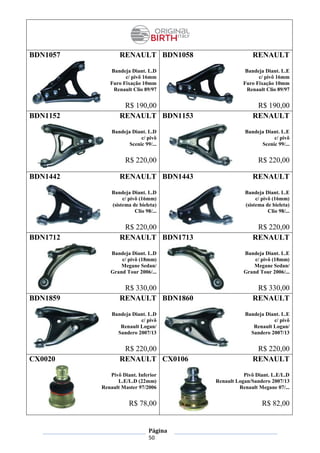 Página
50
BDN1057 RENAULT
Bandeja Diant. L.D
c/ pivô 16mm
Furo Fixação 10mm
Renault Clio 89/97
R$ 190,00
BDN1058 RENAULT
Bandeja Diant. L.E
c/ pivô 16mm
Furo Fixação 10mm
Renault Clio 89/97
R$ 190,00
BDN1152 RENAULT
Bandeja Diant. L.D
c/ pivô
Scenic 99/...
R$ 220,00
BDN1153 RENAULT
Bandeja Diant. L.E
c/ pivô
Scenic 99/...
R$ 220,00
BDN1442 RENAULT
Bandeja Diant. L.D
c/ pivô (16mm)
(sistema de bieleta)
Clio 98/...
R$ 220,00
BDN1443 RENAULT
Bandeja Diant. L.E
c/ pivô (16mm)
(sistema de bieleta)
Clio 98/...
R$ 220,00
BDN1712 RENAULT
Bandeja Diant. L.D
c/ pivô (18mm)
Megane Sedan/
Grand Tour 2006/...
R$ 330,00
BDN1713 RENAULT
Bandeja Diant. L.E
c/ pivô (18mm)
Megane Sedan/
Grand Tour 2006/...
R$ 330,00
BDN1859 RENAULT
Bandeja Diant. L.D
c/ pivô
Renault Logan/
Sandero 2007/13
R$ 220,00
BDN1860 RENAULT
Bandeja Diant. L.E
c/ pivô
Renault Logan/
Sandero 2007/13
R$ 220,00
CX0020 RENAULT
Pivô Diant. Inferior
L.E/L.D (22mm)
Renault Master 97/2006
R$ 78,00
CX0106 RENAULT
Pivô Diant. L.E/L.D
Renault Logan/Sandero 2007/13
Renault Megane 07/...
R$ 82,00
 