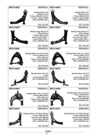 Página
52
BDN14002 TOYOTA
Bandeja Diant. L.D
c/Buchas c/Pivô
N Orig. 4.806.812.191-CP
Corolla – Maio 97/2002
PEÇA IMPORTADA
R$ 242,00
BDN14003 TOYOTA
Bandeja Diant. L.E
c/Buchas c/Pivô
N Orig. 4.806.912.191
Corolla – Maio 97/2002
PEÇA IMPORTADA
R$ 242,00
BDN14030 TOYOTA
Bandeja Susp. Diant L.D
s/Pivô c/Bucha
N Orig. 48068-12220
Toyota Corolla 2003/...
Toyota Filder 2003/...
PEÇA IMPORTADA
R$ 190,00
BDN14031 TOYOTA
Bandeja Susp. Diant L.E
s/Pivô c/Bucha
N Orig. 48069-12220
Toyota Corolla 2003/...
Toyota Filder 2003/...
PEÇA IMPORTADA
R$ 190,00
BDN14006 TOYOTA
Bandeja Diant. Sup. L.D c/ Pivô
N Orig. 4.806.635.110
Hilux Pick–Up
Motor 2.8 (4x4) 88/2004
PEÇA IMPORTADA
R$ 290,00
BDN14007 TOYOTA
Bandeja Diant. Sup. L.E c/ Pivô
N Orig. 4.806.735.110
Hilux Pick–Up
Motor 2.8 (4x4) 88/2004
PEÇA IMPORTADA
R$ 290,00
BDN14028 TOYOTA
Bandeja Diant. Inf. L.D
c/ Pivô
Corolla 1992/Abril 97
PEÇA IMPORTADA
R$ 430,00
BDN14029 TOYOTA
Bandeja Diant. Inf. L.E
c/ Pivô
Corolla 1992/Abril 97
PEÇA IMPORTADA
R$ 430,00
BDN14005 TOYOTA
Bandeja Diant. Inf. L.E s/Pivô
N Orig.4.806.935.051
Hilux Pick–Up
Motor 2.8 (4x4) 88/2004
PEÇA IMPORTADA
R$ 430,00
BDN14004 TOYOTA
Bandeja Diant. Inf. L.D s/Pivô
N Orig. 4.806.835.051
Hilux Pick–Up
Motor 2.8 (4x4) 88/2004
PEÇA IMPORTADA
R$ 430,00
BDN14010 TOYOTA
Bandeja Diant. L.D c/Pivô c/Bucha
N Orig. 4.806.812.240
Toyota Corolla 2003/08
Toyota Filder 2003/08
PEÇA IMPORTADA
R$ 250,00
BDN14011 TOYOTA
Bandeja Diant. L.E c/Pivô c/Bucha
N Orig. 4.806.912.240
Toyota Corolla 2003/08
Toyota Filder 2003/08
PEÇA IMPORTADA
R$ 250,00
 