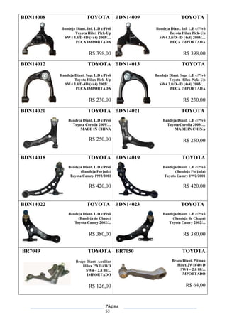 Página
53
BDN14008 TOYOTA
Bandeja Diant. Inf. L.D c/Pivô
Toyota Hilux Pick-Up
SW4 3.0/D-4D (4x4) 2005/…
PEÇA IMPORTADA
R$ 398,00
BDN14009 TOYOTA
Bandeja Diant. Inf. L.E c/Pivô
Toyota Hilux Pick-Up
SW4 3.0/D-4D (4x4) 2005/…
PEÇA IMPORTADA
R$ 398,00
BDN14012 TOYOTA
Bandeja Diant. Sup. L.D c/Pivô
Toyota Hilux Pick–Up
SW4 3.0/D-4D (4x4) 2005/…
PEÇA IMPORTADA
R$ 230,00
BDN14013 TOYOTA
Bandeja Diant. Sup. L.E c/Pivô
Toyota Hilux Pick–Up
SW4 3.0/D-4D (4x4) 2005/…
PEÇA IMPORTADA
R$ 230,00
BDN14020 TOYOTA
Bandeja Diant. L.D c/Pivô
Toyota Corolla 2009/…
MADE IN CHINA
R$ 250,00
BDN14021 TOYOTA
Bandeja Diant. L.E c/Pivô
Toyota Corolla 2009/…
MADE IN CHINA
R$ 250,00
BDN14018 TOYOTA
Bandeja Diant. L.D c/Pivô
(Bandeja Forjada)
Toyota Camry 1992/2001
R$ 420,00
BDN14019 TOYOTA
Bandeja Diant. L.E c/Pivô
(Bandeja Forjada)
Toyota Camry 1992/2001
R$ 420,00
BDN14022 TOYOTA
Bandeja Diant. L.D c/Pivô
(Bandeja de Chapa)
Toyota Camry 2002/...
R$ 380,00
BDN14023 TOYOTA
Bandeja Diant. L.E c/Pivô
(Bandeja de Chapa)
Toyota Camry 2002/...
R$ 380,00
BR7049 TOYOTA
Braço Diant. Auxiliar
Hilux 2WD/4WD
SW4 – 2.8 88/...
IMPORTADO
R$ 126,00
BR7050 TOYOTA
Braço Diant. Pitman
Hilux 2WD/4WD
SW4 – 2.8 88/...
IMPORTADO
R$ 64,00
 