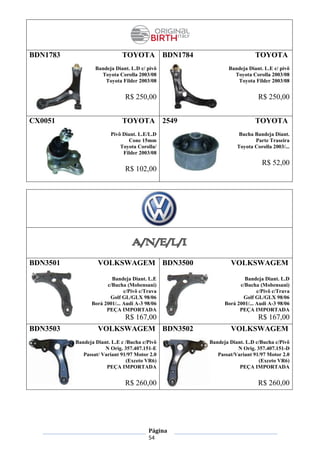 Página
54
BDN1783 TOYOTA
Bandeja Diant. L.D c/ pivô
Toyota Corolla 2003/08
Toyota Filder 2003/08
R$ 250,00
BDN1784 TOYOTA
Bandeja Diant. L.E c/ pivô
Toyota Corolla 2003/08
Toyota Filder 2003/08
R$ 250,00
CX0051 TOYOTA
Pivô Diant. L.E/L.D
Cone 15mm
Toyota Corolla/
Filder 2003/08
R$ 102,00
2549 TOYOTA
Bucha Bandeja Diant.
Parte Traseira
Toyota Corolla 2003/...
R$ 52,00
BDN3501 VOLKSWAGEM
Bandeja Diant. L.E
c/Bucha (Mobensani)
c/Pivô c/Trava
Golf GL/GLX 98/06
Borá 2001/... Audi A-3 98/06
PEÇA IMPORTADA
R$ 167,00
BDN3500 VOLKSWAGEM
Bandeja Diant. L.D
c/Bucha (Mobensani)
c/Pivô c/Trava
Golf GL/GLX 98/06
Borá 2001/... Audi A-3 98/06
PEÇA IMPORTADA
R$ 167,00
BDN3503 VOLKSWAGEM
Bandeja Diant. L.E c /Bucha c/Pivô
N Orig. 357.407.151-E
Passat/ Variant 91/97 Motor 2.0
(Exceto VR6)
PEÇA IMPORTADA
R$ 260,00
BDN3502 VOLKSWAGEM
Bandeja Diant. L.D c/Bucha c/Pivô
N Orig. 357.407.151-D
Passat/Variant 91/97 Motor 2.0
(Exceto VR6)
PEÇA IMPORTADA
R$ 260,00
 