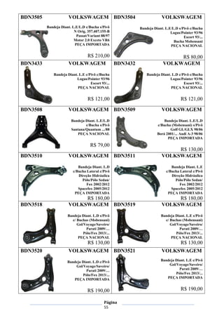 Página
55
BDN3505 VOLKSWAGEM
Bandeja Diant. L.E/L.D c/Bucha s/Pivô
N Orig. 357.407.155-B
Passat/Variant 88/97
Motor 2.0 Exceto VR6
PEÇA IMPORTADA
R$ 210,00
BDN3504 VOLKSWAGEM
Bandeja Diant. L.E/L.D s/Pivô c/Bucha
Logus/Pointer 93/96
Escort 93/...
Bucha Mobensani
PEÇA NACIONAL
R$ 80,00
BDN3433 VOLKWAGEM
Bandeja Diant. L.E c/Pivô c/Bucha
Logus/Pointer 93/96
Escort 93/...
PEÇA NACIONAL
R$ 121,00
BDN3432 VOLKWAGEM
Bandeja Diant. L.D c/Pivô c/Bucha
Logus/Pointer 93/96
Escort 93/...
PEÇA NACIONAL
R$ 121,00
BDN3508 VOLKSWAGEM
Bandeja Diant. L.E/L.D
c/Bucha s/Pivô
Santana/Quantum .../88
PEÇA NACIONAL
R$ 79,00
BDN3509 VOLKSWAGEM
Bandeja Diant. L.E/L.D
c/Bucha (Mobensani) s/Pivô
Golf GL/GLX 98/06
Borá 2001/... Audi A-3 98/06
PEÇA IMPORTADA
R$ 130,00
BDN3510 VOLKSWAGEM
Bandeja Diant. L.D
c/Bucha Lateral c/Pivô
Direção Hidráulica
Pólo/Pólo Sedan/
Fox 2002/2012
Spacefox 2005/2012
PEÇA IMPORTADA
R$ 180,00
BDN3511 VOLKSWAGEM
Bandeja Diant. L.E
c/Bucha Lateral c/Pivô
Direção Hidráulica
Pólo/Pólo Sedan/
Fox 2002/2012
Spacefox 2005/2012
PEÇA IMPORTADA
R$ 180,00
BDN3518 VOLKSWAGEM
Bandeja Diant. L.D s/Pivô
c/ Buchas (Mobensani)
Gol/Voyage/Saveiro/
Parati 2009/…
Pólo/Fox 2013/...
PEÇA NACIONAL
R$ 130,00
BDN3519 VOLKSWAGEM
Bandeja Diant. L.E s/Pivô
c/ Buchas (Mobensani)
Gol/Voyage/Saveiro/
Parati 2009/…
Pólo/Fox 2013/...
PEÇA NACIONAL
R$ 130,00
BDN3520 VOLKSWAGEM
Bandeja Diant. L.D c/Pivô
Gol/Voyage/Saveiro/
Parati 2009/…
Pólo/Fox 2013/...
PEÇA IMPORTADA
R$ 190,00
BDN3521 VOLKSWAGEM
Bandeja Diant. L.E c/Pivô
Gol/Voyage/Saveiro/
Parati 2009/…
Pólo/Fox 2013/...
PEÇA IMPORTADA
R$ 190,00
 