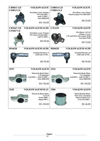 Página
59
CD0013 LD VOLKSWAGEM
CS0013 LE
Pivô Diant. (cone 15,5mm)
VW Golf 2007/...
Audi A3 2007/...
Jetta 2000/2010
R$ 104,00
CD0014 LD VOLKSWAGEM
CS0014 LE
Pivô Diant. (cone 15mm)
Polo/Fox/Space Fox 2001/2013
R$ 64,00
CD3667 LD VOLKSWAGEM/AUDI
CS3667 LE
Pivô Diant. (cone 15,3mm)
VW Passat Alemão 2005/...
Audi A3 2005/...
R$ 90,00
CX1235 VOLKSWAGEM
Pivô Diant. L.E/L.D
(19mm) c/ trava
VW Golf 93/97 Polo Classic 95/00
Seat Ibiza 95/00
R$ 54,00
RS4628 VOLKSWAGEM/AUDI
Terminal Direção L.E
Golf/Audi A3 98/...
R$ 98,00
RD4628 VOLKSWAGEM/AUDI
Terminal Direção L.D
Golf/Audi A3 98/...
R$ 98,00
2515 VOLKSWAGEM
Mancal da Band. Diant.
L.D (alumínio)
Golf 2007/... Audi A3 2007/...
Jetta 2000/2010
R$ 190,00
2516 VOLKSWAGEM
Mancal da Band. Diant.
L.E (alumínio)
Golf 2007/... Audi A3 2007/...
Jetta 2000/2010
R$ 190,00
2628 VOLKSWAGEM/SEAT
Mancal da Band. Diant.
L.E/L.D
Passat 2005/...
Tiguan 2007/...
R$ 180,00
2506 VOLKSWAGEM
Bucha Bandeja Diant.
Parte Tras. (4 pontas)
Polo/Fox/Space Fox/
Cross Fox 2002/...
R$ 46,00
 