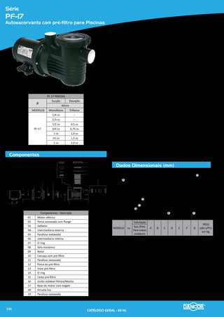 Série
SDE ÓLEO
Submersível para Drenagem e Esgotamento
Componentes
Dados Dimensionais (mm)
Padrão - SDE
Ø Bocal de saída: 2''
MODELOS
Monofásico Trifásico
2050 SDE Óleo - ½ cv 2053 SDE Óleo - 0,5 cv
2060 SDE Óleo - 1 cv 2063 SDE Óleo - 1,0 cv
2101 SDE Óleo - 1cv 2103 SDE Óleo - 1,0 v
2201 SDE Óleo - 2 cv 2203 SDE Óleo - 2,0 cv
2211 SDE Óleo - 2 cv 2213 SDE Óleo - 2,0 cv
2301 SDE Óleo - 3 cv 2303 SDE Óleo - 3,0 cv
MODELO A B C D PESO (kg)
2050-1/2 cv M
440
241 241 214
23,7
2053-0,5 T 23,2
2060-1 cv M 25,5
2063-1,0 cv T 25,2
2101-1 cv M 25,2
2103-1,0 cv T 24,1
2201-2 cv M 480 30,1
2203-2,0 cv T 440 24,3
2211-2 cv M 480 30,9
2213-2,0 cv T
440
24,5
2301-3,0 cv T 24,7
	 OBS.: Bocal de descarga - 2’’
01
04
05
06
07
02
03
Componentes - Descrição
01 Motor Elétrico
02 Parafuso sextavado
03 Selo mecânico
04 Rotor
05 Arruela lisa
06 Parafuso sextavado
07 Carcaça
Materiais Empregados
•	 Carcaça - em liga especial de alumínio-silício, de alta resistência à pressão e à
ação oxidante.
•	 Rotor - do tipo semi-aberto em ferro fundido.
•	 Ralo de aspiração - (incorporado a carcaça) em liga especial de alumínio-
silício.
•	 Vedação do Eixo - por selo mecânico - Ø 5/8”, tipo “6”, conjunto de precisão,
construido com borracha nitrílica, mola de aço inoxidável, faces de vedação
em grafite e cerâmica.
Motor Elétrico
•	 Características:
»» Motor refrigerado com óleo dielétrico
»» Mods. SDE 2060/2063:
»» 4 polos - 1.750 rpm - 60 Hz
•	 Demais modelos
»» 2 polos - 3.500 rpm - 60 Hz
»» Monofásicos:110-220 V (necessário indicar a tensão)
»» Trifásicos: 220-380 V (necessário indicar a tensão)
»» Grau de Proteção: IP 68
»» Isolamento: Classe “B”
A
D
C
B
Passagem de sólidos 15mm
CATÁLOGO GERAL - 60 Hz134
 