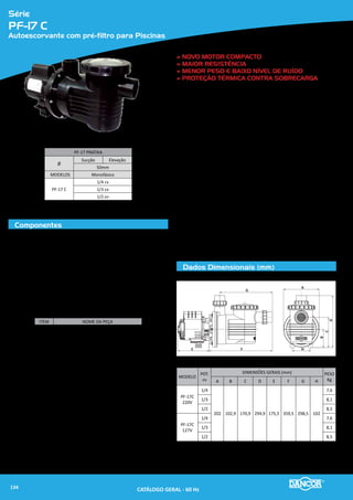 Série
VAS
Verticais para Águas Servidas
Componentes
Dados Dimensionais (mm)
Materiais Empregados
•	 Carcaça e Intermediária - em liga especial de alumínio-silício.
•	 Rotor - do tipo semi-aberto em ferro fundido.
•	 Eixo prolongado - vertical, em aço carbono
•	 Tubo espaçador - para proteção do eixo, em aço carbono
•	 Tubo de elevação - em PVC ( somente mods. VAS 1101 / 1103 )
Motor Elétrico
•	 Características:
»» Norma - Nema MG1-18.326 a MG1-18.341 - “JET PUMP”
»» 4 polos - 1.750 rpm - 60 Hz
»» Monofásicos:110/220 V
»» Trifásicos: 220/380 V
»» Grau de Proteção: IP 21
»» Isolamento: Classe “B”
Componentes - Descrição
01 Parafuso fenda 16 Rotor
02 Tampa do motor 17 Arruela lisa
03 Motor Elétrico 18 Parafuso sextavado
04 Bucha do eixo 19 Carcaça
05 Parafuso sextavado 20 Placa base
06 Intermediária 21 Adaptador soldável com flange fixo
07 Parafuso sextavado 22 Parafuso sextavado
08 Porca sextavada 23 Tubo PVC
09 Parafuso sextavado 24 Joelho soldável
10 Eixo 25 Tubo de acoplamento
11 Tubo espaçador 26 Adaptador soldável com bolsa
12 Pino de travamanto 27 Arruela espaçadora
13/14 Bucha 28 Arruela de pressão
15 Tampa da carcaça
01
02
03
04 05
06
07
10
11
12
13
14
09
15
16
17
18
19
09
12
26 25
24
23
2120
08 27
28
09
22
08
27
28
09
MODELO
Tubulação
A B C D E F G H I J K
Peso
(Kg)Elev. (bsp)
1050-1/2cv M
2'' 180 1387 270 125 920 72 186 227
-- -- --
20
1053-0,5cv T 19
1060-1cv M 24
1063-1,0cv T 20
1101-1cv M
271 15 68
27
1103-1,0cv T 23
PLACA BASE
208
241
202
408
192
MODELOS :1101
1103
B
E
F
D
C
A
F
G
H
B
D
J
I
E
C
A
H
G
K
Padrão - VAS
Ø Elevação: 2''
MODELOS
Monofásico Trifásico
VAS 1050 VAS 1053
VAS 1060 VAS 1063
VAS 1101 VAS 1103
CATÁLOGO GERAL - 60 Hz136
 