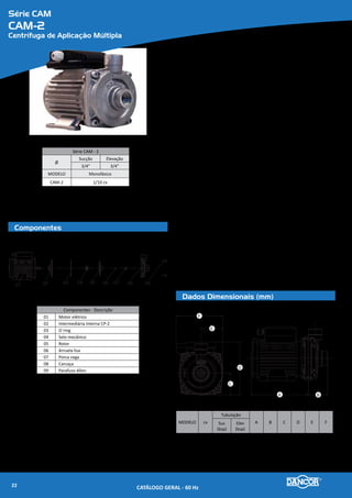 Série CAM
CAM W-6C
Centrífuga de Aplicação Múltipla
Componentes
Dados Dimensionais (mm)
Série CAM - W6C / W6
Ø
Sucção Elevação
1” 1”
MODELO Monofásico Trifásico
CAM-W6C
(Monofásico)
CAM-W6
(Trifásico)
3/4 cv 0,75 cv
1 cv 1,0 cv
1½ cv 1,5 cv
2 cv 2,0 cv
Componentes - Descrição
01 Motor elétrico
02 Intermediária Interna AP-3
03 Selo mecânico
04 Rotor
05 Arruela lisa
06 Parafuso sextavado
07 O`ring
08 Carcaça
09 A Parafuso Allen
09 B Parafuso sextavado
10 Porca sextavada
01
02
03
04
05 06
07
08
09
01
10
Monofásico
Trifásico
Materiais Empregados
•	 Carcaça - em liga especial de alumínio-silício, de alta resistência à pressão e
oxidação com o bocal de descarga na linha centro / vertical, para seu perfeito
escorvamento.
•	 Rotor - do tipo fechado, injetado em termoplástico de engenharia, Noryl®,
de alta resistência, reforçado com fibra de vidro, roscada diretamente na
ponta do eixo. Potências de 1½ e 2cv rotor em alumínio.
•	 Vedação do eixo - por selo mecânico - Ø 5/8”, tipo “16” - conjunto de preci-
são, construído com borracha nitrílica, mola de aço inox e faces de vedação
em grafite e cerâmica. Temperatura de trabalho do líquido até 80�C.
Motor Elétrico
•	 Características: Norma - Carcaça Nema 42, potência 3/4cv e 1cv monofásico;
Carcaça Nema 56 nos demais modelos, todos com ponta de eixo” Jet Pump”.
»» Eixo: em aço carbono Ø 5/8”
»» Rotação: 2 polos - 3.500 rpm - 60 Hz
»» Monofásico: 127 ou 220V até 1 cv Demais: 110/220V
»» Trifásico: 220/380V
»» Grau de Proteção: IP 21
»» Isolamento: Classe “B”
Opcionais
•	 Carcaça e intermediária: Ferro fundido. Outros materiais sob consulta.
•	 Selo mecânico: Para bombeamento de água com temperaturas superiores à 80�C
recomenda-se a utilização das borrachas em Viton. Nos casos em que haja a pre-
sença de abrasivos recomenda-se o uso do selo de carbeto de silício.
•	 Motor elétrico:
»» 50Hz
»» Outras tensões
»» Isolamento classe F ou H
»» Eixo em aço inox
»» Outros opcionais sob consulta
•	 Bombas mancalizadas.
MODELO cv
Tubulação
A B C D E F G H I
PESO
(Kg)
Suc
(bsp)
Elev
(bsp)
CAM
W6C
3/4 M
1'' 1''
290
53
37 100 220
181 136
96 7
10,3
1 M 305 11,4
1½ M 269
39 89 208
-- --
17,2
2 M 299 19,7
CAM
W6
0,75 T 226
37 100 220
11,8
1,0 T 305 10,9
1,5 T 239
39 89 208
15,2
2,0 T 259 16,7
C
BA
F
E
D
G
F
G
D
E
I
H
C
BA
CATÁLOGO GERAL - 60 Hz24
 