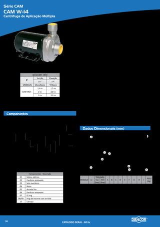 Série CAM
CAM W-16 com Flange
Centrífuga de Aplicação Múltipla
Componentes
Dados Dimensionais (mm)
Materiais Empregados
•	 Carcaça - com voluta em liga especial de alumínio-silício, de alta resistência
à pressão e oxidação com bocal de recalque na linha centro/vertical e
plug para seu perfeito escorvamento.
•	 Rotor - do tipo fechado, construído em liga especial de alumínio-silício rosca-
do, diretamente, na ponta do eixo do motor.
•	 Vedação do eixo - por selo mecânico - Ø 5/8”, tipo “16” - conjunto de precisão,
construído com borracha nitrílica, mola de aço inox e faces de vedação em
grafite e cerâmica. Temperatura de trabalho do líquido até 80�C.
Motor Elétrico
•	 Características:
»» Norma - Carcaça Nema 56, com ponta de eixo “Jet Pump”, nos modelos de
1½ e 2cv; nos demais, Norma MG 1.18.326 a MG 1.18.341 “Jet Pump”.
»» Eixo: em aço carbono Ø 5/8”
»» Rotação: 2 polos - 3.500 rpm - 60 Hz
»» Monofásico: 110/220V Trifásico: 220/380V
»» Grau de Proteção: IP 21
»» Isolamento: Classe “B”
Opcionais
•	 Carcaça, intermediária e rotor: Ferro fundido. Outros materiais sob consulta.
•	 Selo mecânico: Para bombeamento de água com temperaturas superiores à 80�C
recomenda-se a utilização das borrachas em Viton. Nos casos em que haja a pre-
sença de abrasivos recomenda-se o uso do selo de carbeto de silício.
•	 Motor elétrico:
»» 50Hz
»» Outras tensões
»» Isolamento classe F ou H
»» Eixo em aço inox
»» Outros opcionais sob consulta
•	 Bombas mancalizadas.
Série CAM - W16 Falngeada
Ø
Sucção Elevação
2” 2”
MODELOS Monofásico Trifásico
CAM-W16
c/ Flange
3/4 cv 0,75 cv
1 cv 1,0 cv
1½ cv 1,5 cv
2 cv 2,0 cv
3 cv 3,0 cv
Componentes - Descrição
01 Motor elétrico
02 Parafuso sextavado
03 Selo mecânico
04 Rotor
05 O`ring
06 Arruela lisa
07 Parafuso sextavado
08 Porca sextavada
09 Parafuso sextavado
10 Flange
11 O`ring
12/13 Plug de escorva com arruela
14 Carcaça
15 Parafuso sextavado
MODELO cv
Tubulação
A B C D E F G H I
PESO
(Kg)
Suc
(bsp)
Elev
(bsp)
CAM
W16
c/ Flange
3/4 M
2'' 2'' 186 89 262,2
197
237
88 123,6 76,2 71
15,8
1 M 247 17,3
1½ M 209 269 19,9
2 M 200 299 22,9
3 M 215 305 25,6
0,75 T
--
219 14,8
1,0 T 229 15,3
1,5 T 239 16,5
2,0 T 259 18,4
3,0 T 295 20,7
01 02
08
03
15
14
10
04
07
09
13
12
10
11
11
05
06
D
I
H
E F
A
C
B
G
CATÁLOGO GERAL - 60 Hz36
 