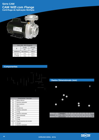 Série CAM
Padrão 645 JM
Centrífuga de Aplicação Múltipla
Componentes
Dados Dimensionais (mm)
Série CAM Padrão - 645 JM
Ø
Sucção Elevação
2½” 2”
MODELOS Monofásico Trifásico
414 JM
4 cv 4,0 cv
415 JM
614 JM
5 cv 5,0 cv
615 JM
645 JM 7½ cv 7,5 cv
667 JM 10 cv 10,0 cv
01 02
03
04
06 07
08
05
09
10
11 12
14
15
13
Componentes - Descrição
01 Motor elétrico
02 Chaveta
03 O`ring
04 Buxa do eixo
05 Intermediária
06/07 Parafuso sextavado
08 Selo mecânico
09 Rotor
10 Arruela de fixação do rotor
11 Parafuso sextavado
12 O`ring
13 Carcaça
14/15 Plug de escorva com arruela
MODELO cv
Tubulação
A B C D E F G H I
PESO
(Kg)
Suc
(bsp)
Elev
(bsp)
414/415 MJM 4
2½'' 2''
411
291
293
176 124
90 140 125
70
35,0
614/615 MJM 5 325 100 160
140
43,0
645 MJM 7½
437
365 112
216
60,0
667 MJM 10 403 132 70,0
414/415 TJM 4,0
315
300 90 140 125 33,0
614/615 TJM 5,0 304 100 160
140
41,0
645 TJM 7,5 337 325 112
216
57,0
667 TJM 10,0 373 365 132 68,0
A
D
CON R
B
A
E
F
G
DC
H
I
Materiais Empregados
•	 Carcaça e Intermediária - em liga especial de alumínio-silício, de aIta resistên-
cia à pressão e oxidação.
•	 Rotor - do tipo fechado, construído em liga especial de alumínio-silício e fixa-
dos por meio de chaveta, arruela e parafuso de fixação.
•	 Vedação do eixo - por selo mecânico - Ø 1¼”, tipo 21 - conjunto de precisão,
construído com borracha nitrílica, mola de aço inox e faces de vedação em
grafite e cerâmica. Temperatura de trabalho do liquido até 80�C.
Motor Elétrico
•	 Características:
»» Norma - Nema MG1-18.614 - JM
»» Eixo: protegido por bucha de bronze
»» Rotação: 2 polos - 3.500 rpm - 60 Hz
»» Monofásico: 220/440V
»» Trifásico: 220/380V (4 a 7,5cv) e 220/380/440/760V (10cv)
»» Grau de Proteção: IP 55 (TFVE)
»» Isolamento: Classe “F”
Opcionais
•	 Selo mecânico: Para bombeamento de água com temperaturas superiores à 80�C
recomenda-se a utilização das borrachas em Viton. Nos casos em que haja a pre-
sença de abrasivos recomenda-se o uso do selo de carbeto de silício.
•	 Motor elétrico:
»» 50Hz
»» Outras tensões
»» Isolamento classe F ou H
»» Eixo em aço inox
»» Outros opcionais sob consulta
•	 Bombas mancalizadas.
CATÁLOGO GERAL - 60 Hz46
 