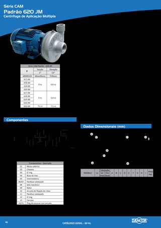 Série CAM
Padrão 660 JM
Centrífuga de Aplicação Múltipla
Componentes
Dados Dimensionais (mm)
Série CAM Padrão - 660 JM
Ø
Sucção Elevação
3” 3”
MODELOS Monofásico Trifásico
660 JM 10 cv 10,0 cv
670 JM 12½ CV 12,5 CV
680 JM 15 cv 15,0 cv
01
02
03
04
06 07
08
05
09
10
11 12
14
15
16
16
18
20 17
19
17
13
Componentes - Descrição
01 Motor elétrico
02 Chaveta
03 O`ring
04 Buxa do eixo
05 Intermediária
06/07 Parafuso sextavado
08 Selo mecânico
09 Rotor
10 Arruela de fixação do rotor
11 Parafuso sextavado
12 O`ring
13/14 Plug de escorva com arruela
15 Parafuso sextavado
16 Flange
17 O`ring
18 Porca sextavada
19 Parafuso sextavado
20 Carcaça
MODELO cv
Tubulação
A B C D E F G H I
PESO
(Kg)
Suc
(bsp)
Elev
(bsp)
660 M JM 10
3'' 3''
487
330
403
214 124 132 216
140
94
72,0
660 T JM 10,0
423
365 70,0
670 T JM 12,5 420
178
77,0
680 T JM 15,0 403 82,0
A
D
CON R
B
A
E
F
G
DC
H
I
Materiais Empregados
•	 Carcaça e Intermediária - em liga especial de alumínio-silício, de aIta resistên-
cia à pressão e oxidação.
•	 Rotor - do tipo fechado, construído em liga especial de alumínio-silício e fixa-
dos por meio de chaveta, arruela e parafuso de fixação.
•	 Vedação do eixo - por selo mecânico - Ø 1¼”, tipo “21”, conjunto de precisão,
construído com borracha nitrílica, mola de aço inox e faces de vedação em
grafite e cerâmica. Temperatura de trabalho do líquido até 80�C.
Motor Elétrico
•	 Características:
»» Norma - Nema MG1-18.614 - JM
»» Eixo: protegido por bucha de bronze
»» Rotação: 2 polos - 3.500 rpm - 60 Hz
»» Monofásico: 220/440V
»» Trifásico: 220/380/440/760V
»» Grau de Proteção: IP 55 (TFVE)
»» Isolamento: Classe “F”
Opcionais
•	 Carcaça, intermediária e rotor: Ferro fundido. Outros materiais sob consulta.
•	 Selo mecânico: Para bombeamento de água com temperaturas superiores à 80�C
recomenda-se a utilização das borrachas em Viton. Nos casos em que haja a pre-
sença de abrasivos recomenda-se o uso do selo de carbeto de silício.
•	 Motor elétrico:
»» 50Hz
»» Outras tensões
»» Isolamento classe F ou H
»» Eixo em aço inox
»» Outros opcionais sob consulta
•	 Bombas mancalizadas.
CATÁLOGO GERAL - 60 Hz48
 