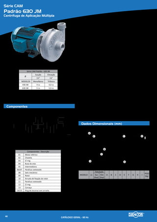 Série CAM
Padrão 674/690/695 JM
Centrífuga de Aplicação Múltipla
Componentes
Dados Dimensionais (mm)
Série CAM Padrão - 674/690/695 JM
Ø
Sucção Elevação
2” 1½”
MODELOS Monofásico Trifásico
674 JM 10 cv 10,0 cv
685 JM 12½ cv 12,5 cv
690 JM -- 15,0 cv
695 JM -- 20,0 cv
01 02
03
04
05
06 07
08
09
10
11 12
13
16
15
15
14
14
17
18
Componentes - Descrição
01 Motor elétrico
02 Chaveta
03 O`ring
04 Buxa do eixo
05 Intermediária
06/07 Parafuso sextavado
08 Selo mecânico
09 Rotor
10 Arruela de fixação do rotor
11 Parafuso sextavado
12 O`ring
13 Carcaça
14/15 Plug de escorva com arruela
16 Porca sextavada
17 Parafuso sextavado
A
D
CON R
B
A
E
F
G
DC
H
I
MODELO cv
Tubulação
A B C D E F G H I
PESO
(Kg)
Suc
(bsp)
Elev
(bsp)
674 MJM 10
2'' 1½''
408
294
403
166 158
132 216
140 51
74,0
674 TJM 10,0 344 365 72,0
685 TJM 12,5
350 328
420
391 391 178
75
79,0
690 TJM 15,0 403 84,0
695 TJM 20,0 413 337 480 295 295 160 254 210 115,0
Materiais Empregados
•	 Carcaça e Intermediária - em liga especial de alumínio-silício, de aIta resistên-
cia à pressão e oxidação.
•	 Rotor - do tipo fechado, construído em liga especial de alumínio-silício e fixa-
dos por meio de chaveta, arruela e parafuso de fixação.
•	 Vedação do eixo - por selo mecânico - Ø 1¼”, tipo “21”- (motores de 10 e
15cv); Ø 1¾”, tipo “21”- (motores de 20cv), conjunto de precisão, construído
com borracha nitrílica, mola de aço inox e faces de vedação em grafite e cerâ-
mica. Temperatura de trabalho do líquido até 80�C.
Motor Elétrico
•	 Características:
»» Norma - Nema MG1-18.614 - JM
»» Eixo: protegido por bucha de bronze
»» Rotação: 2 polos - 3.500 rpm - 60 Hz
»» Monofásico: 220/440V
»» Trifásico: 220/380/440/760V
»» Grau de Proteção: IP 55 (TFVE)
»» Isolamento: Classe “F”
Opcionais
•	 Carcaça e intermediária: Ferro fundido. Outros materiais sob consulta.
•	 Rotor: 674 e 695 em ferro fundido. Outros materiais sob consulta.
•	 Selo mecânico: Para bombeamento de água com temperaturas superiores à 80�C
recomenda-se a utilização das borrachas em Viton. Nos casos em que haja a pre-
sença de abrasivos recomenda-se o uso do selo de carbeto de silício.
•	 Motor elétrico:
»» 50Hz
»» Outras tensões
»» Isolamento classe F ou H
»» Eixo em aço inox
»» Outros opcionais sob consulta
•	 Bombas mancalizadas.
CATÁLOGO GERAL - 60 Hz50
 