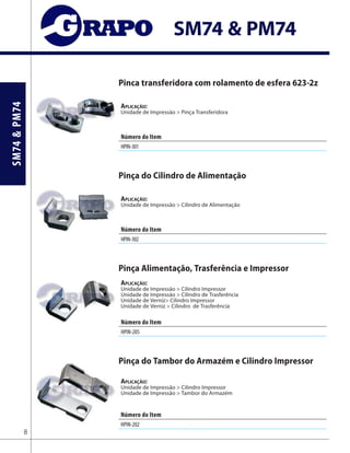 SM74&PM74
SM74 & PM74
Pinca transferidora com rolamento de esfera 623-2z
Aplicação:
Unidade de Impressão > Pinça Transferidora
Pinça do Cilindro de Alimentação
Aplicação:
Unidade de Impressão > Cilindro de Alimentação
Pinça Alimentação, Trasferência e Impressor
Aplicação:
Unidade de Impressão > Cilindro Impressor
Unidade de Impressão > Cilindro de Trasferência
Unidade de Verniz> Cilindro Impressor
Unidade de Verniz > Cilindro de Trasferência
Pinça do Tambor do Armazém e Cilindro Impressor
Aplicação:
Unidade de Impressão > Cilindro Impressor
Unidade de Impressão > Tambor do Armazém
Número do Item
HPIN-301
Número do Item
HPIN-302
Número do Item
HPIN-202 M2.581.727
8
Número do Item
HPIN-205
 