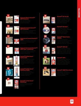 RESISTOL
Poderoso y resistente a
temperaturas extremas. Resiste
solventes, grasas y ácidos,
endurece en tan solo ¡5 minutos!.
Pegamento de Contacto ResistolM.R.
5000®
Ideal para enchapados y laminados,
resistente a la humedad y altas
temperaturas.
Pegamento de Contacto ResistolM.R.
5000® Súper Transparente
Ideal para el pegado de materiales
sintéticos que requieran de un
acabado transparente.
ResistolM.R.
No Más Clavos®
Fuerte y Fácil
Pegamento de agarre inmediato
ideal para instalar elementos
decorativos en interiores sin
necesidad de taladrar, atornillar
o clavar.
ResistolM.R.
No Más Clavos®
Resistente al Agua
Ideal para aplicaciones en
interiores y exteriores gracias
a su alta resistencia a la
humedad y rayos UV.
ResistolM.R.
No Más Clavos®
Cinta 120 kg
Para el montaje de pequeños
elementos decorativos en
interiores.
Sella, pega y reconstruye
una gran cantidad de materiales
en tan solo ¡5 minutos!
Endurece como el acero
¡Incluso bajo el agua!.
ResistolM.R.
911 Rollo®
Máxima fuerza de pegado en
segundos, ﬂexible y resistente
al agua, multimaterial, ideal
para aplicaciones precisas
por su fórmula en gel.
ResistolM.R.
911 Flex Gel
ResistolM.R.
Repara Fuerte
Metálico
Libre de solventes, poderoso,
transparente, ﬂexible, uso
interior y exterior. Ideal para
pegar vidrio, metal, plástico,
espejos y ¡muchos más!.
ResistolM.R.
100%
Transparente, ﬂexible e
impermeable. Ideal para hule
sintético, artículos de piel
natural o sintética.
ResistolM.R.
5000® Piel y Calzado
Libre de solventes, poderoso,
transparente, ﬂexible, resiste
impactos y vibración. Ideal para
pegar vidrio, plástico, ﬁbra de
vidrio, espejos y ¡muchos más!.
ResistolM.R.
100% Gel
Pegamento Amarillo ResistolM.R.
950® Profesional
Gran desempeño en ensambles de
piezas de madera, resistente
a la humedad y altas temperaturas.
Pegamento Blanco ResistolM.R.
850® Profesional
Gran fuerza de pegado,
ideal para el ensamble
de piezas de madera.
1
2
3
4 11
12
7
6
9
10
13
8
5
25
 