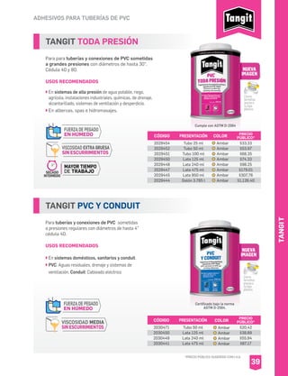 SISTA
*PRECIO PÚBLICO SUGERIDO CON I.V.A.
TANGIT
TANGIT TODA PRESIÓN
Para para tuberías y conexiones de PVC sometidas
a grandes presiones con diámetros de hasta 30”.
Cédula 40 y 80.
USOS RECOMENDADOS
En sistemas de alta presión de agua potable, riego,
agrícola, instalaciones industriales, químicas, de drenaje,
alcantarillado, sistemas de ventilación y desperdicio.
En albercas, spas e hidromasajes.
ADHESIVOS PARA TUBERÍAS DE PVC
CÓDIGO PRESENTACIÓN PRECIO
PÚBLICO*
2029454
2029452
2029451
2029450
2029448
2029447
2029445
2029444
Tubo 25 ml
Tubo 50 ml
Tubo 100 ml
Lata 125 ml
Lata 240 ml
Lata 475 ml
Lata 950 ml
Galón 3.785 l
$33.33
$53.97
$68.35
$74.33
$98.25
$179.01
$307.76
$1,126.40
TANGIT PVC Y CONDUIT
Para tuberías y conexiones de PVC sometidas
a presiones regulares con diámetros de hasta 4”
cédula 40.
USOS RECOMENDADOS
En sistemas domésticos, sanitarios y conduit.
PVC: Aguas residuales, drenaje y sistemas de
ventilación. Conduit: Cableado eléctrico
CÓDIGO PRESENTACIÓN PRECIO
PÚBLICO*
2030471
2030450
2030449
2030441
Tubo 50 ml
Lata 125 ml
Lata 240 ml
Lata 475 ml
$20.42
$38.89
$55.94
$87.17
39
NUEVA
IMAGEN
NUEVA
IMAGEN
Cumple con ASTM D-2564
Certificado bajo la norma
ASTM D-2564.
Cierre
hermético
graciasa
sutapa
plástica.
Cierre
hermético
graciasa
sutapa
plástica.
COLOR
Ambar
Ambar
Ambar
Ambar
Ambar
Ambar
Ambar
Ambar
COLOR
Ambar
Ambar
Ambar
Ambar
MAYOR TIEMPO
DE TRABAJOSECADO
INTERMEDIO
VISCOSIDAD EXTRA GRUESA
SIN ESCURRIMIENTOS
FUERZA DE PEGADO
EN HÚMEDO
VISCOSIDAD MEDIA
SIN ESCURRIMIENTOS
FUERZA DE PEGADO
EN HÚMEDO
 