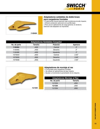 13
www.cadeco.com.mx
Adaptadores de montaje al ras
> Funcionales para cargadores frontales.
> Se utilizan en aplicaciones de bajo impacto.
> Ayudan a incrementar la penetración de la máquina.
Adaptadores soldables de doble brazo
para cargadores frontales
> Proporcionan buena retención bajo condiciones de alto impacto.
> Ofrecen protección adicional a la cuchilla base.
> Para uso en aplicaciones de carga general, en donde la
retención del adaptador es importante.
1140464
1U1304
Adaptadores Montaje al Raz
No. de parte Tamaño
1U1254 J250
1U1304 J300
1U1354 J350
Adaptadores Soldables Cargador
No. de parte Tamaño Posición Apertura
1140464 J450 Central 2”
1140465 J450 Derecho 2”
1140466 J450 Izquierdo 2”
1073554 J550 Central 2.50”
1073555 J550 Derecho 2.50”
1073556 J550 Izquierdo 2.50”
 
