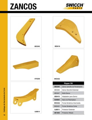 16
Catálogo
de
Herramienta
de
Corte
Ripper D8
8E5340 Zanco sencillo de Penetración
8E5346 Zanco Sencillo Estándar
8E5347 Multi-Zanco
8E8418 Adaptador para Zanco
9U9694 Nariz de Reemplazo
9W2452 Punta Simétrica Intermedia
9W2451 Punta Simétrica Corta
6J8814 Protector Estándar
8E1848 Protector Afilado
8E5340
6Y5230
8E8418
9W2452
6J8814
ZANCOS
 