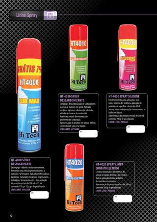 12
Linha Spray
HT-4000 SPRAY
DESENGRIPANTE
Desengripa e lubrifica instantaneamente,
formando uma película protetora contra a
oxidação e a ferrugem. Aplicado em fechaduras,
parafusos, comandos mecânicos, engrenagens,
dobradiças, ferramentas, etc... Apresentação
do produto em lata de 300 ml + 21 ml,
contendo 170 g + 12 g grs de peso líquido.
LINHA LEVE e PESADA
HT-4010 SPRAY
DESCARBONIZANTE
Limpeza e descarbonização de carburadores
e peças de motores em geral. Aplicado
em bicos injetores, coletores de admissão,
válvulas e câmaras de combustão.
Auxilia na partida de motores com
problemas de carburação.
Apresentação do produto em lata de 300 ml,
contendo 200 g de peso líquido.
LINHA LEVE e PESADA
HT-4030 SPRAY SILICONE
Foi desenvolvido para aplicação a seco
com o objetivo de facilitar a aplicação do
produto em superfície e locais de difícil
acesso, oferecendo proteção com economia e
facilidade de uso.
Apresentação do produto em lata de 300 ml,
contendo 200 g de peso líquido.
LINHA LEVE e PESADA
R$
R$
R$
12
HT-4020 SPRAY LIMPA
CONTATO ELÉTRICO
Limpeza instantânea de sistemas de
ignição e injeção eletrônica de veículos.
Após a aplicação elimina as falhas
dos contatos em minutos.
Apresentação do produto em lata de 300 ml,
contendo 200 g de peso líquido.
LINHA LEVE e PESADA
R$
 