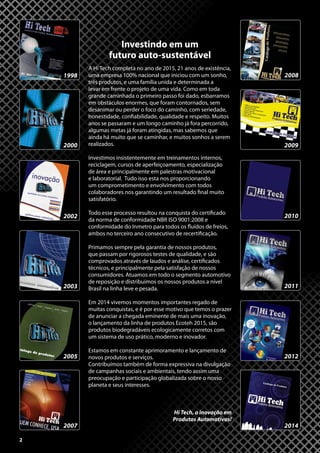 2
A Hi Tech completa no ano de 2015, 21 anos de existência,
uma empresa 100% nacional que iniciou com um sonho,
três produtos, e uma família unida e determinada a
levar em frente o projeto de uma vida. Como em toda
grande caminhada o primeiro passo foi dado, esbarramos
em obstáculos enormes, que foram contornados, sem
desanimar ou perder o foco do caminho, com seriedade,
honestidade, confiabilidade, qualidade e respeito. Muitos
anos se passaram e um longo caminho já fora percorrido,
algumas metas já foram atingidas, mas sabemos que
ainda há muito que se caminhar, e muitos sonhos a serem
realizados.
Investimos insistentemente em treinamentos internos,
reciclagem, cursos de aperfeiçoamento, especialização
de área e principalmente em palestras motivacional
e laboratorial. Tudo isso esta nos proporcionando
um comprometimento e envolvimento com todos
colaboradores nos garantindo um resultado final muito
satisfatório.
Todo esse processo resultou na conquista do certificado
da norma de conformidade NBR ISO 9001:2008 e
conformidade do Inmetro para todos os fluídos de freios,
ambos no terceiro ano consecutivo de recertificação.
Primamos sempre pela garantia de nossos produtos,
que passam por rigorosos testes de qualidade, e são
comprovados através de laudos e análise, certificados
técnicos, e principalmente pela satisfação de nossos
consumidores. Atuamos em todo o segmento automotivo
de reposição e distribuímos os nossos produtos a nível
Brasil na linha leve e pesada.
Em 2014 vivemos momentos importantes regado de
muitas conquistas, e é por esse motivo que temos o prazer
de anunciar a chegada eminente de mais uma inovação,
o lançamento da linha de produtos Ecoteh 2015, são
produtos biodegradáveis ecologicamente corretos com
um sistema de uso prático, moderno e inovador.
Estamos em constante aprimoramento e lançamento de
novos produtos e serviços.
Contribuímos também de forma expressiva na divulgação
de campanhas sociais e ambientais, tendo assim uma
preocupação e participação globalizada sobre o nosso
planeta e seus interesses.
Hi Tech, a inovação em
Produtos Automotivos!
Investindo em um
futuro auto-sustentável
2007
2005
2003
2002
2014
2012
2011
2010
20092000
20081998
2
 