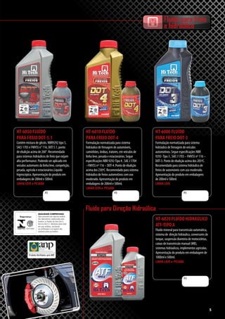 5
Fluído para freio
e hidraúlico
QUALIDADE COMPROVADA
Após passarem por rigorosa análise
dos laboratórios credenciados pelo
Inmetro, os fluídos de freio Dot-3,
Dot-4 e Dot-5.1 obtiveram êxito total
em suas análises, resultando
na certificação e no registro dos
produtos junto ao Inmetro.
HT-6050 FLUÍDO
PARA FREIO DOT-5.1
Contém mistura de glicóis. NBR9292 tipo 5,
SAEJ 1703 e FMVSS n° 116, DOT 5.1, ponto
de ebulição acima de 260°. Recomendado
para sistemas hidráulicos de freio que exijam
alta performance. Podendo ser aplicado em
veículos automores da linha leve, competição,
pesada, agrícola e estacionários.Líquido
higroscópico. Apresentação do produto em
embalagens de 200ml e 500ml.
LINHA LEVE e PESADA
HT-6010 FLUÍDO
PARA FREIO DOT-4
Formulação normatizada para sistema
hidráulico de frenagem de automóveis,
caminhões, ônibus, tratores, em veículos de
linha leve, pesada e estacionários. Segue
especificações NBR 9292-Tipo 4 , SAE J 1704
–FMVSS nº 116 – DOT-4. Ponto de ebulição
acima dos 230ºC. Recomendado para sistema
hidráulico de freios automotivos com uso
moderado. Apresentação do produto em
embalagens de 200ml e 500ml.
LINHA LEVE e PESADA
HT-6000 FLUÍDO
PARA FREIO DOT-3
Formulação normatizada para sistema
hidráulico de frenagem de veículos
automotivos. Segue especificações NBR
9292-Tipo 3 , SAE J 1703 – FMVSS nº 116 –
DOT-3. Ponto de ebulição acima dos 205ºC.
Recomendado para sistema hidráulico de
freios de automóveis com uso moderado.
Apresentação do produto em embalagens
de 200ml e 500ml.
LINHA LEVE
HT-6020 FLUÍDO HIDRAÚLICO
ATF-TIPO A
Fluído mineral para transmissão automática,
sistema de direção hidráulica, conversores de
torque, suspensão dianteira de motocicletas,
caixas de transmissão manual (MB),
sistemas hidráulicos, implementos agrícolas.
Apresentação do produto em embalagem de
1000ml e 500ml.
LINHA LEVE e PESADA
R$ R$ R$
R$
Fluído para Direção Hidraúlica
5
 