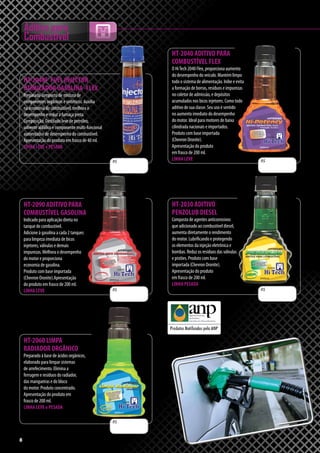 8
Aditivo para
Combustível
R$
HT-2030 ADITIVO
PENZOLUB DIESEL
Composto de agentes anticorrosivos
que adicionado ao combustível diesel,
aumenta diretamente o rendimento
do motor. Lubrificando e protegendo
os elementos da injeção eletrônica e
bombas. Reduz os resíduos das válvulas
e pistões. Produto com base
importada (Chevron Oronite).
Apresentação do produto
em frasco de 200 ml.
LINHA PESADA
HT-2060 LIMPA
RADIADOR ORGÂNICO
Preparado à base de ácidos orgânicos,
elaborado para limpar sistemas
de arrefecimento. Elimina a
ferrugem e resíduos do radiador,
das mangueiras e do bloco
do motor. Produto concentrado.
Apresentação do produto em
frasco de 200 ml.
LINHA LEVE e PESADA
HT-2040F FUEL INJECTOR
OTIMIZADOR GASOLINA -FLEX
Preparado composto de mistura de
componentes orgânicos e sintéticos. Auxilia
na economia do combustível, melhora o
desempenho e reduz a fumaça preta.
Composição: Destilado leve de petróleo,
solvente alifálico e componente multi-funcional
aumentador de desempenho do combustível.
Apresentação do produto em frasco de 40 ml.
LINHA LEVE e PESADA
8
R$
R$
HT-2040 ADITIVO PARA
COMBUSTÍVEL FLEX
O HiTech 2040 Flex, proporciona aumento
do desempenho do veículo. Mantém limpo
todo o sistema de alimentação. Inibe e evita
a formação de borras, resíduos e impurezas
no coletor de admissão, e depósitos
acumulados nos bicos injetores. Como todo
aditivo de sua classe. Seu uso é sentido
no aumento imediato do desempenho
do motor. Ideal para motores de baixa
cilindrada nacionais e importados.
Produto com base importada
(Chevron Oronite).
Apresentação do produto
em frasco de 200 ml.
LINHA LEVE
HT-2090 ADITIVO PARA
COMBUSTÍVEL GASOLINA
Indicado para aplicação direta no
tanque de combustível.
Adicione à gasolina a cada 2 tanques
para limpeza imediata de bicos
injetores, válvulas e demais
impurezas. Melhora o desempenho
do motor e proporciona
economia de gasolina.
Produto com base importada
(Chevron Oronite).Apresentação
do produto em frasco de 200 ml.
LINHA LEVE
R$
R$
 