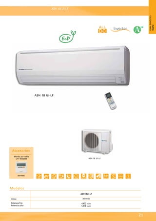 ASH 18 Ui-LF
ASH 18 Ui-LF
3NHY9006
Accesorios
Mando por cable
UTY-RNNXM
ASH 18 Ui-LF
21
GAMADOMÉSTICA
TROPIC
ASH18Ui-LF
3NHY8155
4.472 kcal/h
5.418 kcal/h
Código
Potencia frío
Potencia calor
Modelos
 