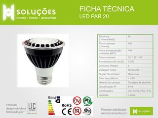 FICHA TÉCNICA
LED PAR 20

Eficiência
[Lúmens/Watt]:
Fluxo luminoso
[Lúmens]:

480

Índice de reprodução
cromática [IRC]:

>85

Feixe luminoso:

15° / 25° / 40°

Temperatura de cor [K]:

3.000

Consumo [Watts]:

6

Voltagem [VAC]:

90 até 240

Opção Dimerizável:

Disponível

Fator de potência:

> 0.95

Material da carcaça:

Fundição de alumínio

Classificação IP:

IP44

Certificações:

CE, RoHS, FCC, ETL

Garantia:

Produto
desenvolvido e
fabricado por:

80

3 anos

Produto distribuído
exclusivamente por:

 