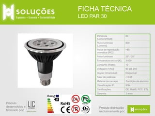 FICHA TÉCNICA
LED PAR 30

Eficiência
[Lúmens/Watt]:
Fluxo luminoso
[Lúmens]:

800

Índice de reprodução
cromática [IRC]:

>85

Feixe luminoso

25° / 35°

Temperatura de cor [K]:

3.000

Consumo [Watts]:

10

Voltagem [VAC]:

90 até 240

Opção Dimerizável:

Disponível

Fator de potência:

> 0.95

Material da carcaça:

Fundição de alumínio

Classificação IP:

IP44

Certificações:

CE, RoHS, FCC, ETL

Garantia:

Produto
desenvolvido e
fabricado por:

80

3 anos

Produto distribuído
exclusivamente por:

 