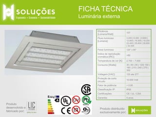 FICHA TÉCNICA
High Bay
Eficiência
[Lúmens/Watt]:
Fluxo luminoso
[Lúmens]:

9.600 | 12.300 |
14.980

Feixe luminoso

60° | 90° | 120°

Índice de reprodução
cromática [IRC]:

>85

Temperatura de cor [K]:

4.500

Consumo [Watts]:

90 | 115 | 140

Voltagem [VAC]:

85 até 240

Fator de potência:

> 0.95

Classificação IP:

IP44

Certificações:

CE, RoHS, FCC, ETL

Garantia:

Produto
desenvolvido e
fabricado por:

107

5 anos

Produto distribuído
exclusivamente por:

 
