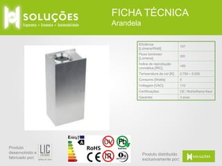 FICHA TÉCNICA
Luminária externa
Eficiência
[Lúmens/Watt]:

107

Fluxo luminoso
[Lúmens]:

Feixe luminoso

120° x 65°

Índice de reprodução
cromática [IRC]:

>85

Temperatura de cor [K]:

2.700 – 7.000

Consumo [Watts]:

30 | 60 | 90 | 120| 150 |
180 | 210 | 240 | 270 |
300

Voltagem [VAC]:

120 ate 277

Proteção de corto
circuito

10.000 Volt

Fator de potência:

> 0.95

Classificação IP:

IP65

Certificações:

CE / UL / CSA

Garantia:

Produto
desenvolvido e
fabricado por:

3.200 | 6.400 | 9.600 |
12.800 | 16.000 | 19.200
22.400 | 25.600 | 28.800
| 32.000

5 anos

Produto distribuído
exclusivamente por:

 