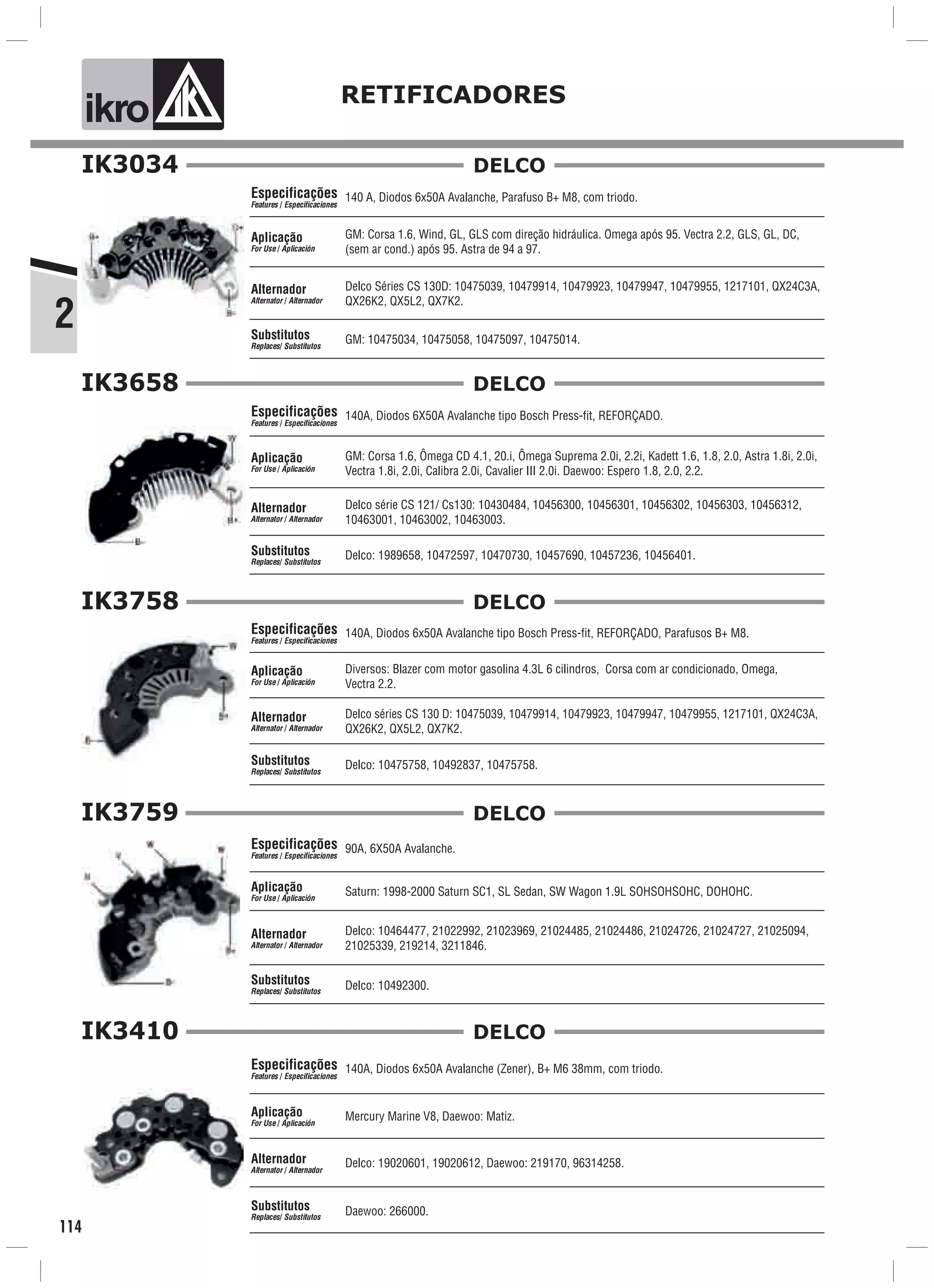 ik o RETIFICADORES
2
114
IK3034
140 A, Diodos 6x50A Avalanche, Parafuso B+ M8, com triodo.
Delco Séries CS 130D: 10475039, 10479914, 10479923, 10479947, 10479955, 1217101, QX24C3A,
QX26K2, QX5L2, QX7K2.
GM: Corsa 1.6, Wind, GL, GLS com direção hidráulica. Omega após 95. Vectra 2.2, GLS, GL, DC,
(sem ar cond.) após 95. Astra de 94 a 97.
GM: 10475034, 10475058, 10475097, 10475014.
Especificações
Features / Especificaciones
Aplicação
For Use / Aplicación
Alternador
Alternator / Alternador
Substitutos
Replaces/ Substitutos
DELCO
IK3658
GM: Corsa 1.6, Ômega CD 4.1, 20.i, Ômega Suprema 2.0i, 2.2i, Kadett 1.6, 1.8, 2.0, Astra 1.8i, 2.0i,
Vectra 1.8i, 2.0i, Calibra 2.0i, Cavalier III 2.0i. Daewoo: Espero 1.8, 2.0, 2.2.
Aplicação
For Use / Aplicación
Alternador
Alternator / Alternador
Delco: 1989658, 10472597, 10470730, 10457690, 10457236, 10456401.
140A, Diodos 6X50A Avalanche tipo Bosch Press-fit, REFORÇADO.Especificações
Features / Especificaciones
Substitutos
Replaces/ Substitutos
Delco série CS 121/ Cs130: 10430484, 10456300, 10456301, 10456302, 10456303, 10456312,
10463001, 10463002, 10463003.
DELCO
DELCOIK3758
Delco séries CS 130 D: 10475039, 10479914, 10479923, 10479947, 10479955, 1217101, QX24C3A,
QX26K2, QX5L2, QX7K2.
Diversos: Blazer com motor gasolina 4.3L 6 cilindros, Corsa com ar condicionado, Omega,
Vectra 2.2.
Aplicação
For Use / Aplicación
Alternador
Alternator / Alternador
140A, Diodos 6x50A Avalanche tipo Bosch Press-fit, REFORÇADO, Parafusos B+ M8.Especificações
Features / Especificaciones
Delco: 10475758, 10492837, 10475758.Substitutos
Replaces/ Substitutos
IK3759
90A, 6X50A Avalanche.
Saturn: 1998-2000 Saturn SC1, SL Sedan, SW Wagon 1.9L SOHSOHSOHC, DOHOHC.
Delco: 10492300.
Especificações
Features / Especificaciones
Aplicação
For Use / Aplicación
Alternador
Alternator / Alternador
Substitutos
Replaces/ Substitutos
Delco: 10464477, 21022992, 21023969, 21024485, 21024486, 21024726, 21024727, 21025094,
21025339, 219214, 3211846.
DELCO
IK3410
140A, Diodos 6x50A Avalanche (Zener), B+ M6 38mm, com triodo.
Mercury Marine V8, Daewoo: Matiz.
Daewoo: 266000.
Especificações
Features / Especificaciones
Aplicação
For Use / Aplicación
Alternador
Alternator / Alternador
Substitutos
Replaces/ Substitutos
Delco: 19020601, 19020612, Daewoo: 219170, 96314258.
DELCO
 