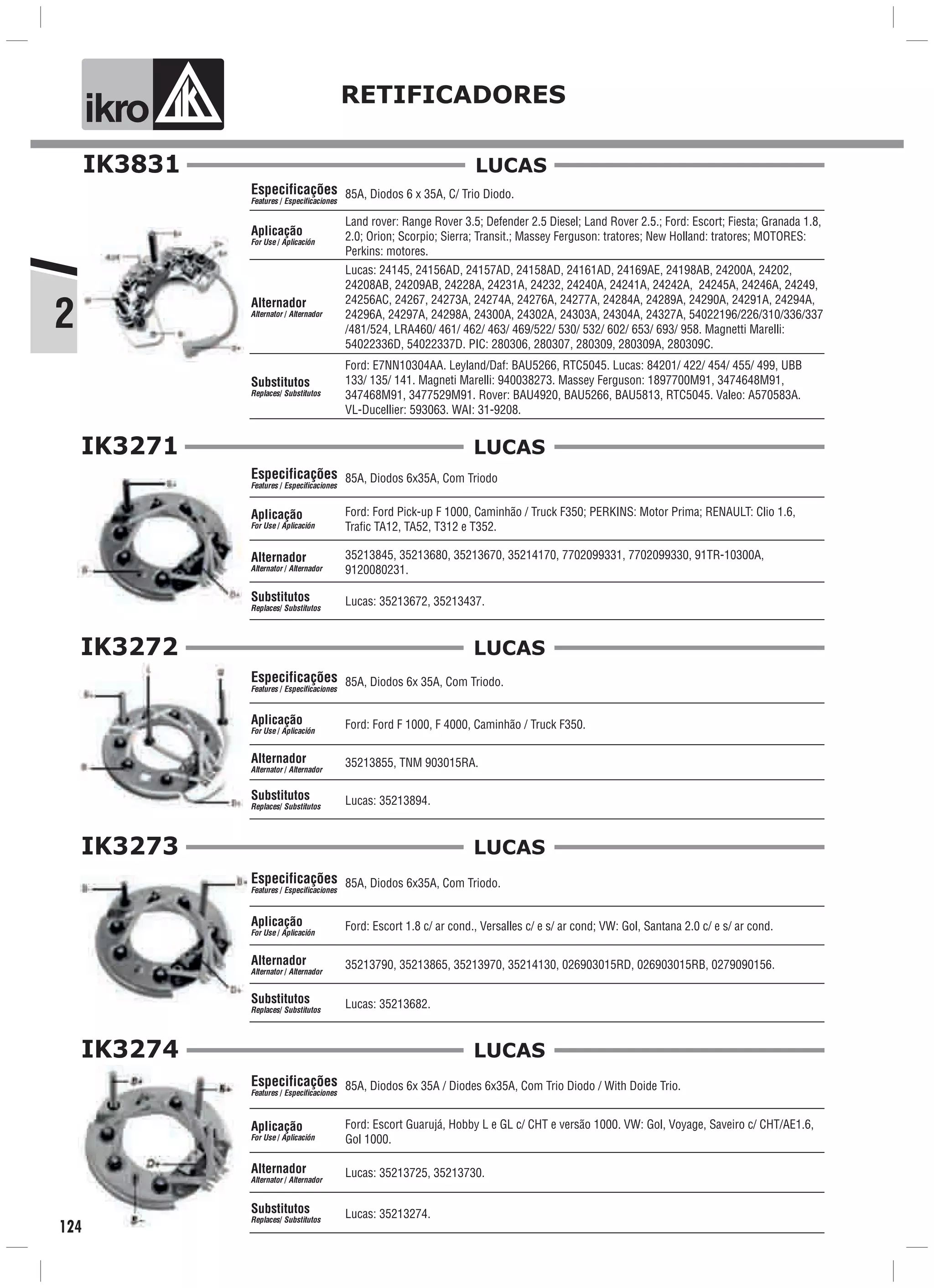 2
ik o RETIFICADORES
IK3831
85A, Diodos 6 x 35A, C/ Trio Diodo.
Land rover: Range Rover 3.5; Defender 2.5 Diesel; Land Rover 2.5.; Ford: Escort; Fiesta; Granada 1.8,
2.0; Orion; Scorpio; Sierra; Transit.; Massey Ferguson: tratores; New Holland: tratores; MOTORES:
Perkins: motores.
Ford: E7NN10304AA. Leyland/Daf: BAU5266, RTC5045. Lucas: 84201/ 422/ 454/ 455/ 499, UBB
133/ 135/ 141. Magneti Marelli: 940038273. Massey Ferguson: 1897700M91, 3474648M91,
347468M91, 3477529M91. Rover: BAU4920, BAU5266, BAU5813, RTC5045. Valeo: A570583A.
VL-Ducellier: 593063. WAI: 31-9208.
Especificações
Features / Especificaciones
Aplicação
For Use / Aplicación
Alternador
Alternator / Alternador
Substitutos
Replaces/ Substitutos
Lucas: 24145, 24156AD, 24157AD, 24158AD, 24161AD, 24169AE, 24198AB, 24200A, 24202,
24208AB, 24209AB, 24228A, 24231A, 24232, 24240A, 24241A, 24242A, 24245A, 24246A, 24249,
24256AC, 24267, 24273A, 24274A, 24276A, 24277A, 24284A, 24289A, 24290A, 24291A, 24294A,
24296A, 24297A, 24298A, 24300A, 24302A, 24303A, 24304A, 24327A, 54022196/226/310/336/337
/481/524, LRA460/ 461/ 462/ 463/ 469/522/ 530/ 532/ 602/ 653/ 693/ 958. Magnetti Marelli:
54022336D, 54022337D. PIC: 280306, 280307, 280309, 280309A, 280309C.
LUCAS
IK3271
85A, Diodos 6x35A, Com Triodo
35213845, 35213680, 35213670, 35214170, 7702099331, 7702099330, 91TR-10300A,
9120080231.
Ford: Ford Pick-up F 1000, Caminhão / Truck F350; PERKINS: Motor Prima; RENAULT: Clio 1.6,
Trafic TA12, TA52, T312 e T352.
Lucas: 35213672, 35213437.
Especificações
Features / Especificaciones
Aplicação
For Use / Aplicación
Alternador
Alternator / Alternador
Substitutos
Replaces/ Substitutos
LUCAS
IK3272
85A, Diodos 6x 35A, Com Triodo.
35213855, TNM 903015RA.
Ford: Ford F 1000, F 4000, Caminhão / Truck F350.
Lucas: 35213894.
Especificações
Features / Especificaciones
Aplicação
For Use / Aplicación
Alternador
Alternator / Alternador
Substitutos
Replaces/ Substitutos
LUCAS
IK3273
85A, Diodos 6x35A, Com Triodo.
35213790, 35213865, 35213970, 35214130, 026903015RD, 026903015RB, 0279090156.
Ford: Escort 1.8 c/ ar cond., Versalles c/ e s/ ar cond; VW: Gol, Santana 2.0 c/ e s/ ar cond.
Lucas: 35213682.
Especificações
Features / Especificaciones
Aplicação
For Use / Aplicación
Alternador
Alternator / Alternador
Substitutos
Replaces/ Substitutos
LUCAS
IK3274
85A, Diodos 6x 35A / Diodes 6x35A, Com Trio Diodo / With Doide Trio.
Lucas: 35213725, 35213730.
Ford: Escort Guarujá, Hobby L e GL c/ CHT e versão 1000. VW: Gol, Voyage, Saveiro c/ CHT/AE1.6,
Gol 1000.
Lucas: 35213274.
Especificações
Features / Especificaciones
Aplicação
For Use / Aplicación
Alternador
Alternator / Alternador
Substitutos
Replaces/ Substitutos
LUCAS
124
 