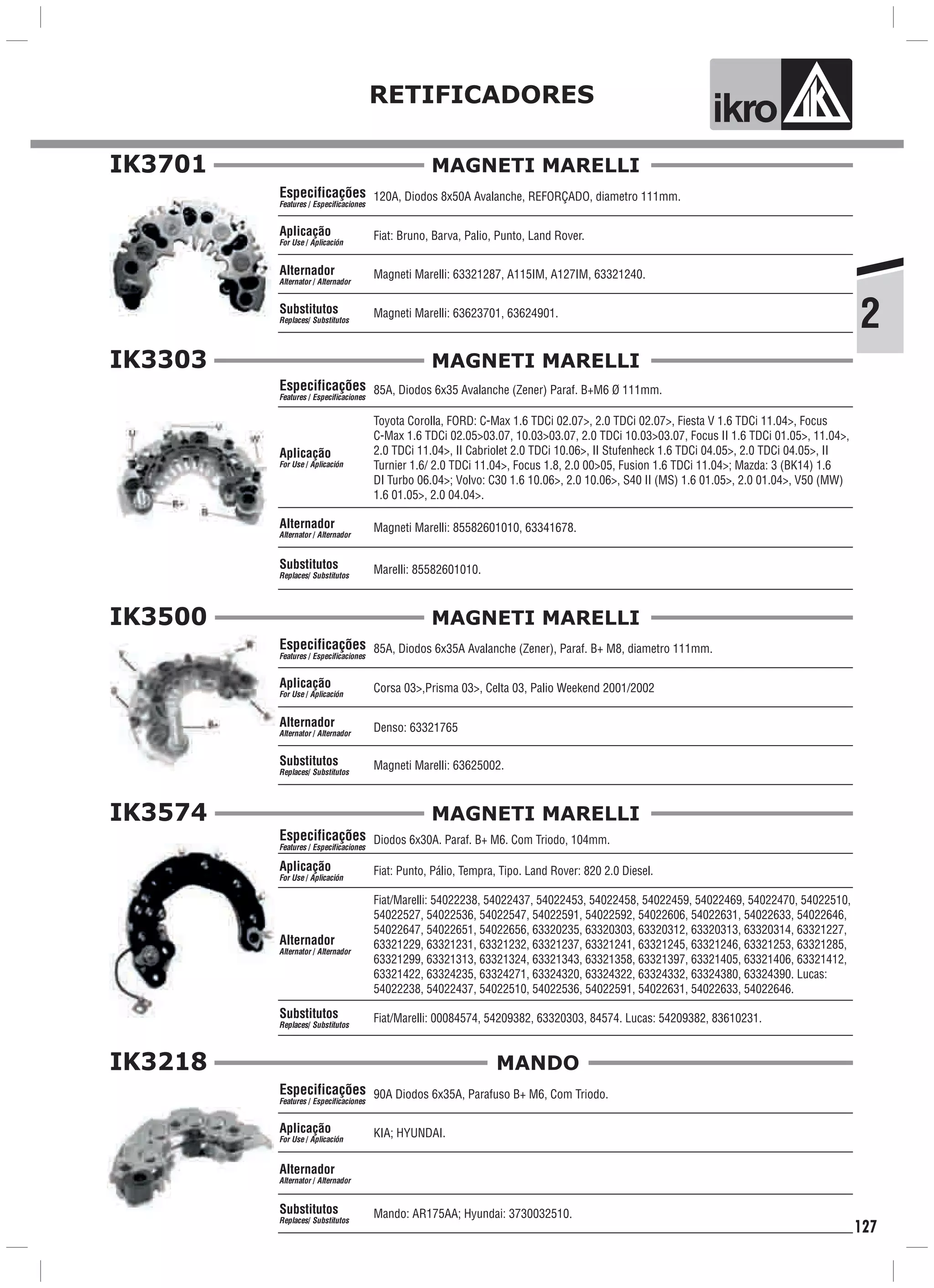 2
RETIFICADORES
ik o
127
IK3701
120A, Diodos 8x50A Avalanche, REFORÇADO, diametro 111mm.
Fiat: Bruno, Barva, Palio, Punto, Land Rover.
Magneti Marelli: 63623701, 63624901.
Especificações
Features / Especificaciones
Aplicação
For Use / Aplicación
Alternador
Alternator / Alternador
Substitutos
Replaces/ Substitutos
Magneti Marelli: 63321287, A115IM, A127IM, 63321240.
MAGNETI MARELLI
IK3303
85A, Diodos 6x35 Avalanche (Zener) Paraf. B+M6 Ø 111mm.
Magneti Marelli: 85582601010, 63341678.
Toyota Corolla, FORD: C-Max 1.6 TDCi 02.07>, 2.0 TDCi 02.07>, Fiesta V 1.6 TDCi 11.04>, Focus
C-Max 1.6 TDCi 02.05>03.07, 10.03>03.07, 2.0 TDCi 10.03>03.07, Focus II 1.6 TDCi 01.05>, 11.04>,
2.0 TDCi 11.04>, II Cabriolet 2.0 TDCi 10.06>, II Stufenheck 1.6 TDCi 04.05>, 2.0 TDCi 04.05>, II
Turnier 1.6/ 2.0 TDCi 11.04>, Focus 1.8, 2.0 00>05, Fusion 1.6 TDCi 11.04>; Mazda: 3 (BK14) 1.6
DI Turbo 06.04>; Volvo: C30 1.6 10.06>, 2.0 10.06>, S40 II (MS) 1.6 01.05>, 2.0 01.04>, V50 (MW)
1.6 01.05>, 2.0 04.04>.
Especificações
Features / Especificaciones
Aplicação
For Use / Aplicación
Alternador
Alternator / Alternador
Substitutos
Replaces/ Substitutos
Marelli: 85582601010.
MAGNETI MARELLI
IK3500
85A, Diodos 6x35A Avalanche (Zener), Paraf. B+ M8, diametro 111mm.
Corsa 03>,Prisma 03>, Celta 03, Palio Weekend 2001/2002
Magneti Marelli: 63625002.
Especificações
Features / Especificaciones
Aplicação
For Use / Aplicación
Alternador
Alternator / Alternador
Substitutos
Replaces/ Substitutos
Denso: 63321765
MAGNETI MARELLI
Diodos 6x30A. Paraf. B+ M6. Com Triodo, 104mm.
Fiat: Punto, Pálio, Tempra, Tipo. Land Rover: 820 2.0 Diesel.
Fiat/Marelli: 00084574, 54209382, 63320303, 84574. Lucas: 54209382, 83610231.
Especificações
Features / Especificaciones
Aplicação
For Use / Aplicación
Alternador
Alternator / Alternador
Substitutos
Replaces/ Substitutos
Fiat/Marelli: 54022238, 54022437, 54022453, 54022458, 54022459, 54022469, 54022470, 54022510,
54022527, 54022536, 54022547, 54022591, 54022592, 54022606, 54022631, 54022633, 54022646,
54022647, 54022651, 54022656, 63320235, 63320303, 63320312, 63320313, 63320314, 63321227,
63321229, 63321231, 63321232, 63321237, 63321241, 63321245, 63321246, 63321253, 63321285,
63321299, 63321313, 63321324, 63321343, 63321358, 63321397, 63321405, 63321406, 63321412,
63321422, 63324235, 63324271, 63324320, 63324322, 63324332, 63324380, 63324390. Lucas:
54022238, 54022437, 54022510, 54022536, 54022591, 54022631, 54022633, 54022646.
MAGNETI MARELLIIK3574
IK3218
90A Diodos 6x35A, Parafuso B+ M6, Com Triodo.
KIA; HYUNDAI.
Mando: AR175AA; Hyundai: 3730032510.
Especificações
Features / Especificaciones
Aplicação
For Use / Aplicación
Alternador
Alternator / Alternador
Substitutos
Replaces/ Substitutos
MANDO
 