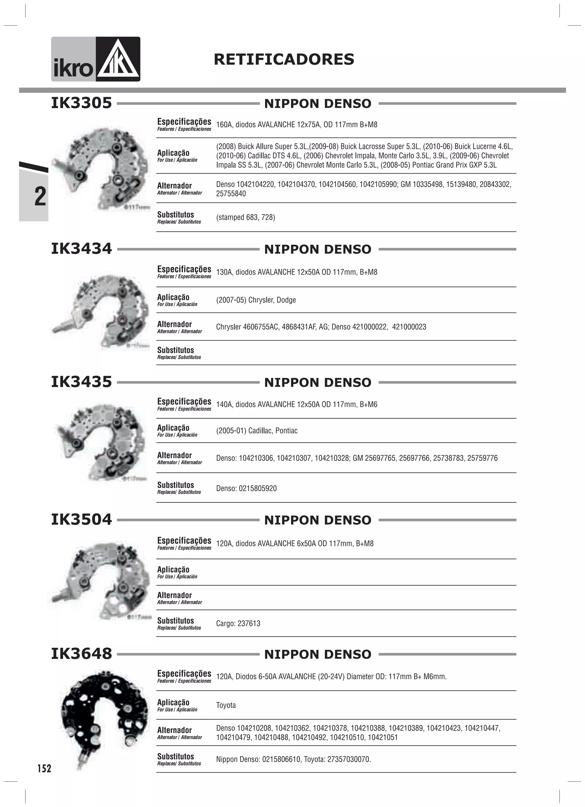 ik o RETIFICADORES
2
152
IK3305
160A, diodos AVALANCHE 12x75A, OD 117mm B+M8
(2008) Buick Allure Super 5.3L,(2009-08) Buick Lacrosse Super 5.3L, (2010-06) Buick Lucerne 4.6L,
(2010-06) Cadillac DTS 4.6L, (2006) Chevrolet Impala, Monte Carlo 3.5L, 3.9L, (2009-06) Chevrolet
Impala SS 5.3L, (2007-06) Chevrolet Monte Carlo 5.3L, (2008-05) Pontiac Grand Prix GXP 5.3L
(stamped 683, 728)
Especificações
Features / Especificaciones
Aplicação
For Use / Aplicación
Alternador
Alternator / Alternador
Substitutos
Replaces/ Substitutos
Denso 1042104220, 1042104370, 1042104560, 1042105990; GM 10335498, 15139480, 20843302,
25755840
NIPPON DENSO
IK3434
Alternador
Alternator / Alternador
130A, diodos AVALANCHE 12x50A OD 117mm, B+M8
Chrysler 4606755AC, 4868431AF, AG; Denso 421000022, 421000023
(2007-05) Chrysler, Dodge
Especificações
Features / Especificaciones
Aplicação
For Use / Aplicación
Substitutos
Replaces/ Substitutos
NIPPON DENSO
IK3435
Alternador
Alternator / Alternador
140A, diodos AVALANCHE 12x50A OD 117mm, B+M6
Denso: 104210306, 104210307, 104210328; GM 25697765, 25697766, 25738783, 25759776
Denso: 0215805920
(2005-01) Cadillac, Pontiac
Especificações
Features / Especificaciones
Aplicação
For Use / Aplicación
Substitutos
Replaces/ Substitutos
NIPPON DENSO
IK3504
Alternador
Alternator / Alternador
120A, diodos AVALANCHE 6x50A OD 117mm, B+M8
Cargo: 237613
Especificações
Features / Especificaciones
Aplicação
For Use / Aplicación
Substitutos
Replaces/ Substitutos
NIPPON DENSO
IK3648
Alternador
Alternator / Alternador
120A, Diodos 6-50A AVALANCHE (20-24V) Diameter OD: 117mm B+ M6mm.
Nippon Denso: 0215806610, Toyota: 27357030070.
Especificações
Features / Especificaciones
Aplicação
For Use / Aplicación
Substitutos
Replaces/ Substitutos
NIPPON DENSO
Toyota
Denso 104210208, 104210362, 104210378, 104210388, 104210389, 104210423, 104210447,
104210479, 104210488, 104210492, 104210510, 10421051
 