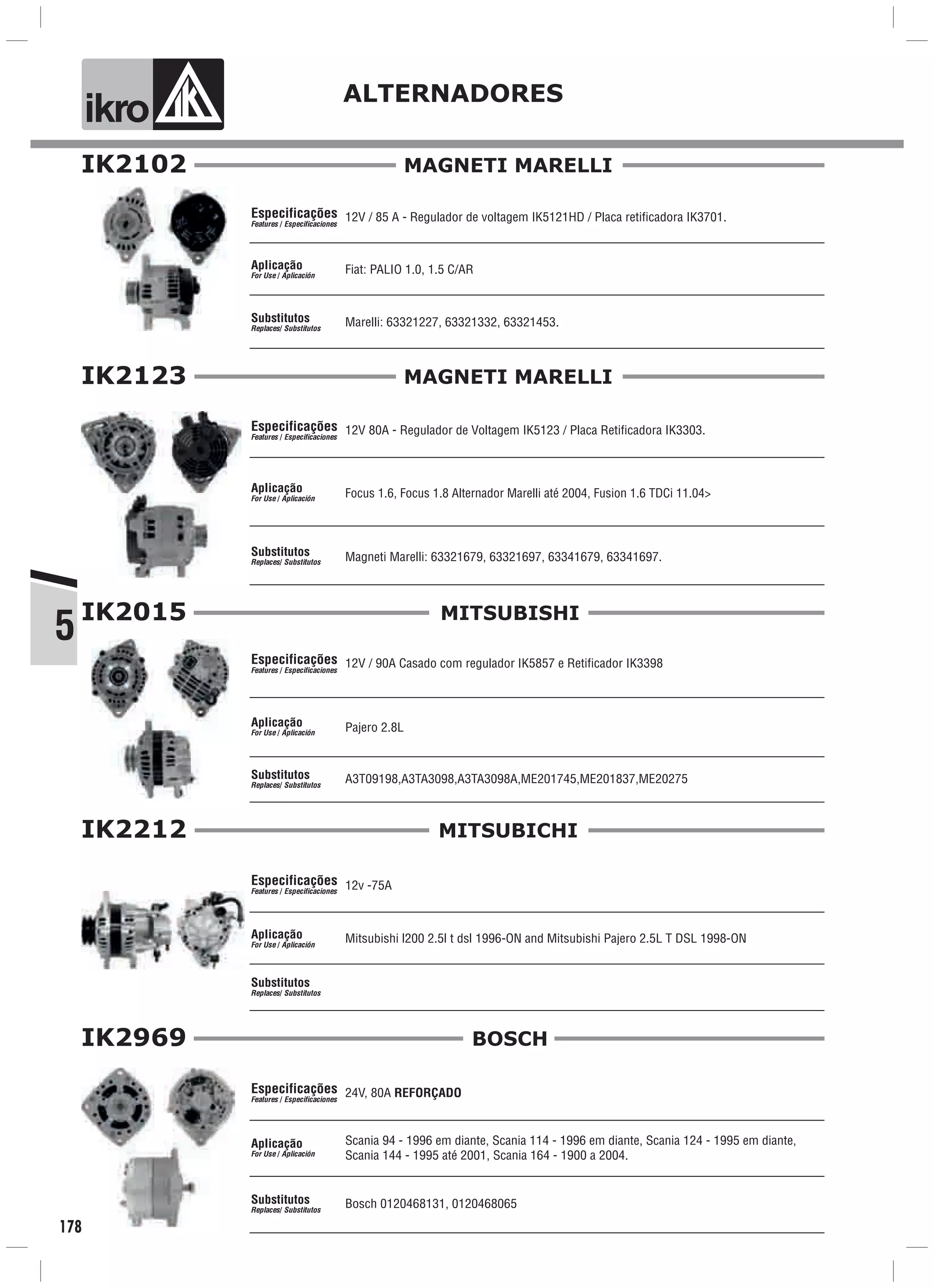 ik o ALTERNADORES
5
178
IK2102
12V / 85 A - Regulador de voltagem IK5121HD / Placa retificadora IK3701.
Fiat: PALIO 1.0, 1.5 C/AR
Marelli: 63321227, 63321332, 63321453.
Especificações
Features / Especificaciones
Aplicação
For Use / Aplicación
Substitutos
Replaces/ Substitutos
MAGNETI MARELLI
MITSUBICHI
12v -75A
Mitsubishi l200 2.5l t dsl 1996-ON and Mitsubishi Pajero 2.5L T DSL 1998-ON
IK2212
Especificações
Features / Especificaciones
Aplicação
For Use / Aplicación
Substitutos
Replaces/ Substitutos
IK2015
12V / 90A Casado com regulador IK5857 e Retificador IK3398
Pajero 2.8L
A3T09198,A3TA3098,A3TA3098A,ME201745,ME201837,ME20275
Especificações
Features / Especificaciones
Aplicação
For Use / Aplicación
Substitutos
Replaces/ Substitutos
MITSUBISHI
IK2969
24V, 80A REFORÇADO
Scania 94 - 1996 em diante, Scania 114 - 1996 em diante, Scania 124 - 1995 em diante,
Scania 144 - 1995 até 2001, Scania 164 - 1900 a 2004.
Bosch 0120468131, 0120468065
Especificações
Features / Especificaciones
Aplicação
For Use / Aplicación
Substitutos
Replaces/ Substitutos
BOSCH
178
IK2123
12V 80A - Regulador de Voltagem IK5123 / Placa Retificadora IK3303.
Magneti Marelli: 63321679, 63321697, 63341679, 63341697.
Especificações
Features / Especificaciones
Aplicação
For Use / Aplicación
Substitutos
Replaces/ Substitutos
MAGNETI MARELLI
Focus 1.6, Focus 1.8 Alternador Marelli até 2004, Fusion 1.6 TDCi 11.04>
 