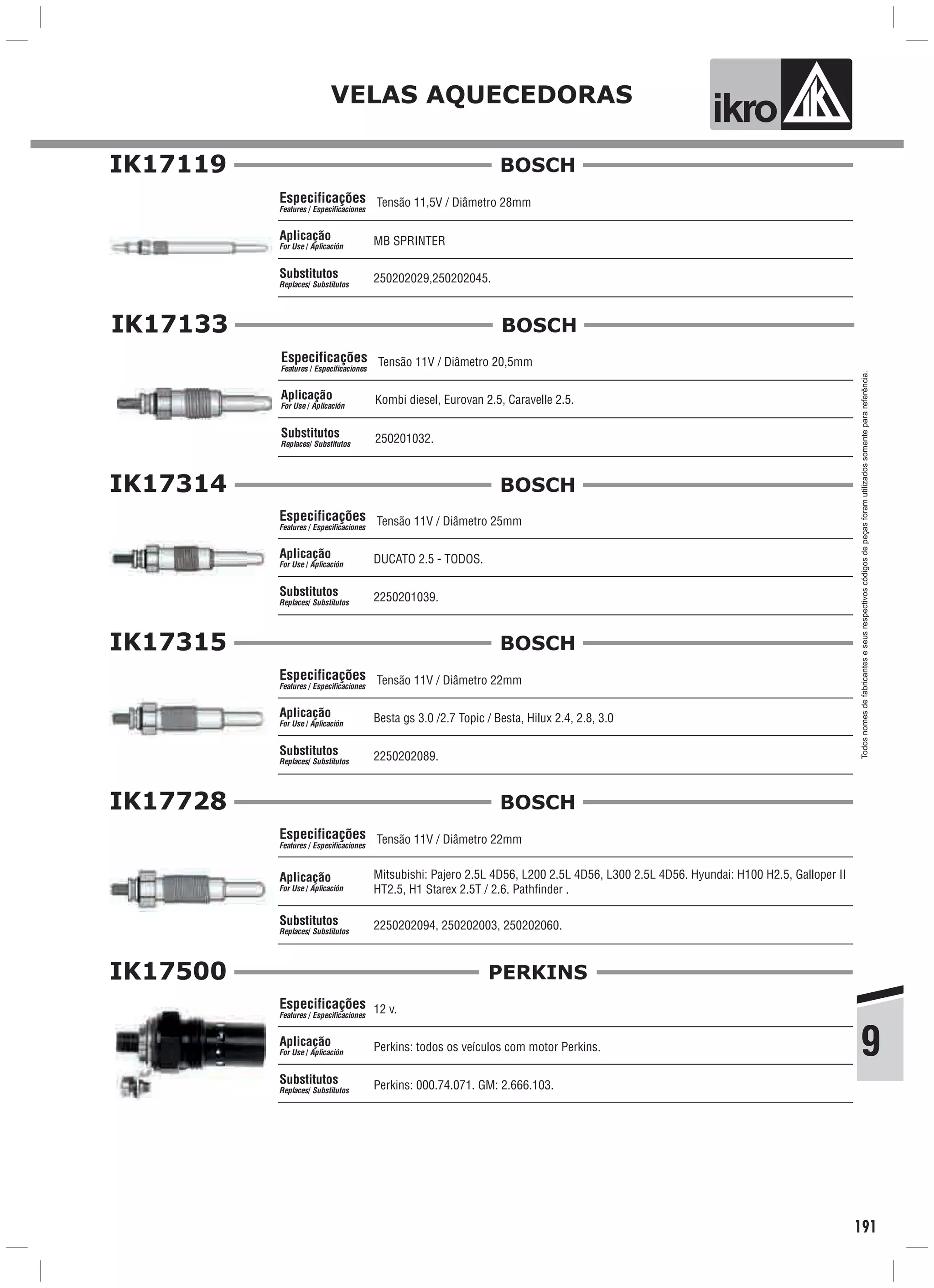 9
Todosnomesdefabricanteseseusrespectivoscódigosdepeçasforamutilizadossomenteparareferência.
VELAS AQUECEDORAS
ik o
250201032.Replaces/ Substitutos
191
Tensão 11,5V / Diâmetro 28mm
MB SPRINTER
250202029,250202045.
Especificações
Features / Especificaciones
Aplicação
For Use / Aplicación
Substitutos
Replaces/ Substitutos
IK17119 BOSCH
Tensão 11V / Diâmetro 20,5mm
Kombi diesel, Eurovan 2.5, Caravelle 2.5.
Especificações
Features / Especificaciones
Aplicação
For Use / Aplicación
Substitutos
IK17133 BOSCH
Tensão 11V / Diâmetro 25mm
DUCATO 2.5 - TODOS.
2250201039.
Especificações
Features / Especificaciones
Aplicação
For Use / Aplicación
Substitutos
Replaces/ Substitutos
IK17314 BOSCH
Tensão 11V / Diâmetro 22mm
Besta gs 3.0 /2.7 Topic / Besta, Hilux 2.4, 2.8, 3.0
2250202089.
Especificações
Features / Especificaciones
Aplicação
For Use / Aplicación
Substitutos
Replaces/ Substitutos
IK17315 BOSCH
Tensão 11V / Diâmetro 22mm
Mitsubishi: Pajero 2.5L 4D56, L200 2.5L 4D56, L300 2.5L 4D56. Hyundai: H100 H2.5, Galloper II
HT2.5, H1 Starex 2.5T / 2.6. Pathfinder .
2250202094, 250202003, 250202060.
Especificações
Features / Especificaciones
Aplicação
For Use / Aplicación
Substitutos
Replaces/ Substitutos
IK17728 BOSCH
12 v.
Perkins: todos os veículos com motor Perkins.
Perkins: 000.74.071. GM: 2.666.103.
Especificações
Features / Especificaciones
Aplicação
For Use / Aplicación
Substitutos
Replaces/ Substitutos
IK17500 PERKINS
 