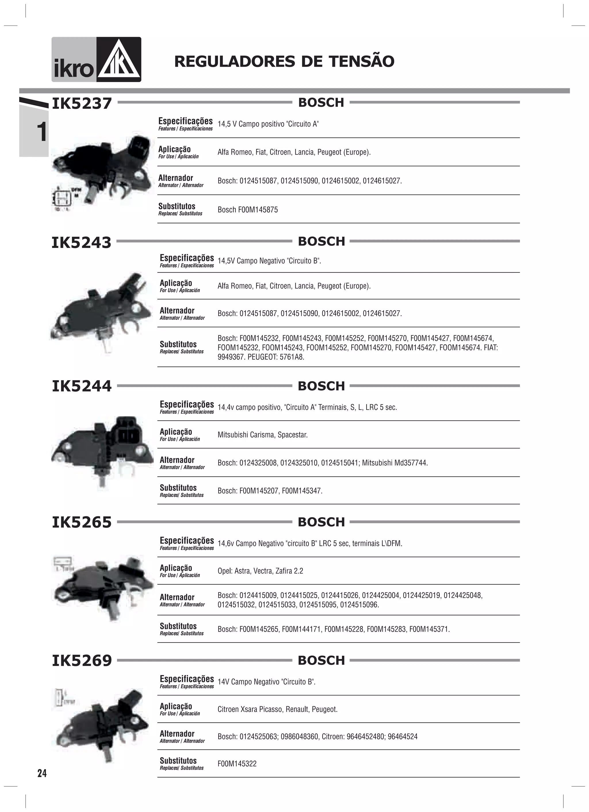 1
ik o REGULADORES DE TENSÃO
24
IK5237
14,5 V Campo positivo "Circuito A"
Alfa Romeo, Fiat, Citroen, Lancia, Peugeot (Europe).
Bosch F00M145875
Especificações
Features / Especificaciones
Aplicação
For Use / Aplicación
Alternador
Alternator / Alternador
Substitutos
Replaces/ Substitutos
Bosch: 0124515087, 0124515090, 0124615002, 0124615027.
BOSCH
IK5243
14,5V Campo Negativo "Circuito B".
Alfa Romeo, Fiat, Citroen, Lancia, Peugeot (Europe).
Bosch: F00M145232, F00M145243, F00M145252, F00M145270, F00M145427, F00M145674,
FOOM145232, FOOM145243, FOOM145252, FOOM145270, FOOM145427, FOOM145674. FIAT:
9949367. PEUGEOT: 5761A8.
Bosch: 0124515087, 0124515090, 0124615002, 0124615027.
Especificações
Features / Especificaciones
Aplicação
For Use / Aplicación
Alternador
Alternator / Alternador
Substitutos
Replaces/ Substitutos
BOSCH
IK5244
Bosch: 0124325008, 0124325010, 0124515041; Mitsubishi Md357744.
Mitsubishi Carisma, Spacestar.
Bosch: F00M145207, F00M145347.
14,4v campo positivo, "Circuito A" Terminais, S, L, LRC 5 sec.Especificações
Features / Especificaciones
Aplicação
For Use / Aplicación
Alternador
Alternator / Alternador
Substitutos
Replaces/ Substitutos
BOSCH
IK5265
14,6v Campo Negativo "circuito B" LRC 5 sec, terminais LDFM.
Bosch: 0124415009, 0124415025, 0124415026, 0124425004, 0124425019, 0124425048,
0124515032, 0124515033, 0124515095, 0124515096.
Opel: Astra, Vectra, Zafira 2.2
Bosch: F00M145265, F00M144171, F00M145228, F00M145283, F00M145371.
Especificações
Features / Especificaciones
Aplicação
For Use / Aplicación
Alternador
Alternator / Alternador
Substitutos
Replaces/ Substitutos
BOSCH
IK5269
14V Campo Negativo "Circuito B".
Citroen Xsara Picasso, Renault, Peugeot.
F00M145322
Bosch: 0124525063; 0986048360, Citroen: 9646452480; 96464524
Especificações
Features / Especificaciones
Aplicação
For Use / Aplicación
Alternador
Alternator / Alternador
Substitutos
Replaces/ Substitutos
BOSCH
 