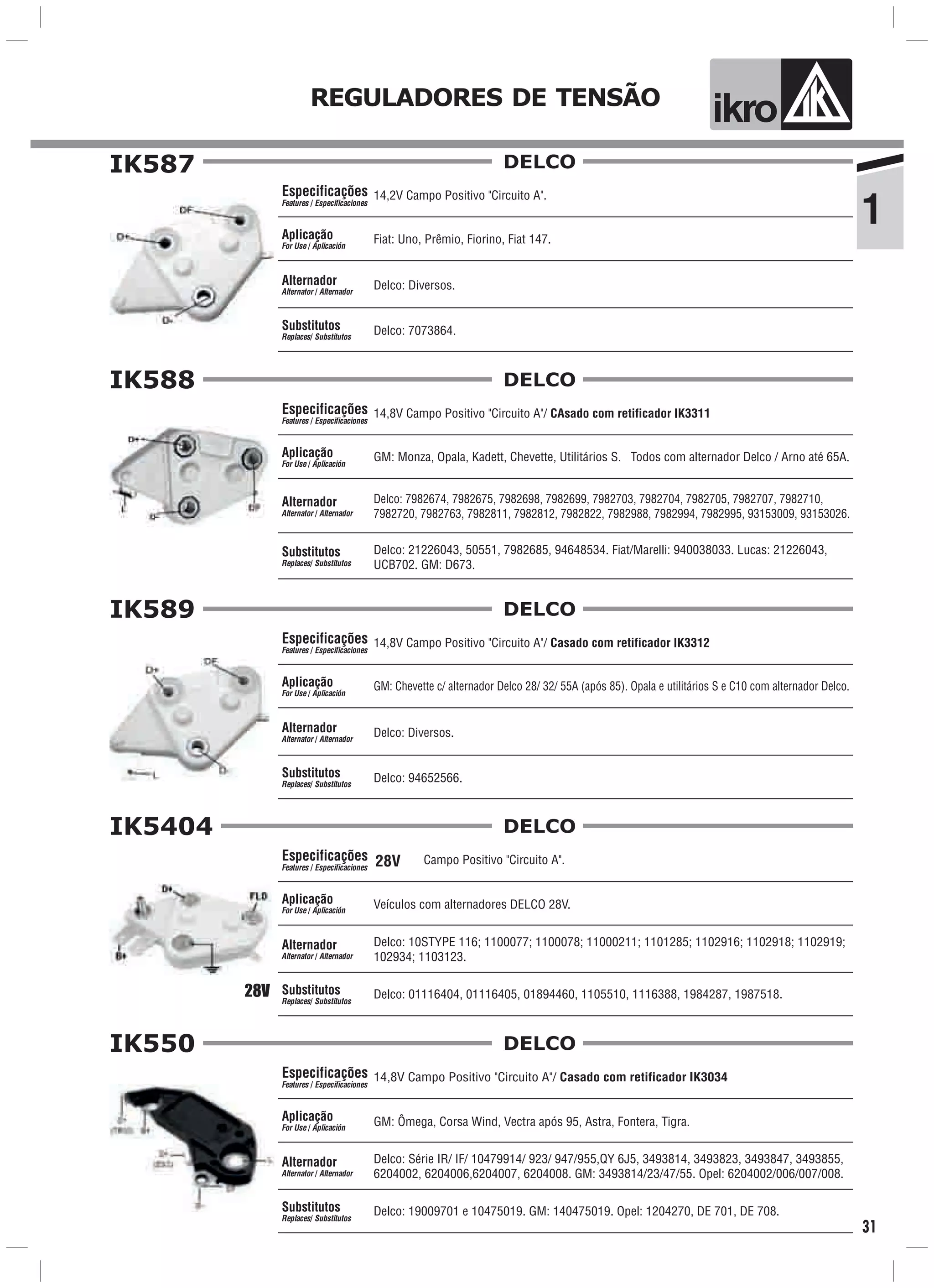 ik oREGULADORES DE TENSÃO
1
31
Especificações
Features / Especificaciones
Aplicação
For Use / Aplicación
Alternador
Alternator / Alternador
Substitutos
Replaces/ Substitutos
DELCOIK587
14,2V Campo Positivo "Circuito A".
Fiat: Uno, Prêmio, Fiorino, Fiat 147.
Delco: 7073864.
Delco: Diversos.
Especificações
Features / Especificaciones
Aplicação
For Use / Aplicación
Alternador
Alternator / Alternador
Substitutos
Replaces/ Substitutos
DELCOIK588
14,8V Campo Positivo "Circuito A"/ CAsado com retificador IK3311
Delco: 7982674, 7982675, 7982698, 7982699, 7982703, 7982704, 7982705, 7982707, 7982710,
7982720, 7982763, 7982811, 7982812, 7982822, 7982988, 7982994, 7982995, 93153009, 93153026.
GM: Monza, Opala, Kadett, Chevette, Utilitários S. Todos com alternador Delco / Arno até 65A.
Delco: 21226043, 50551, 7982685, 94648534. Fiat/Marelli: 940038033. Lucas: 21226043,
UCB702. GM: D673.
Especificações
Features / Especificaciones
Aplicação
For Use / Aplicación
Alternador
Alternator / Alternador
Substitutos
Replaces/ Substitutos
DELCOIK589
Delco: Diversos.
GM: Chevette c/ alternador Delco 28/ 32/ 55A (após 85). Opala e utilitários S e C10 com alternador Delco.
14,8V Campo Positivo "Circuito A"/ Casado com retificador IK3312
Delco: 94652566.
Campo Positivo "Circuito A".28V
28V
Especificações
Features / Especificaciones
Aplicação
For Use / Aplicación
Alternador
Alternator / Alternador
Substitutos
Replaces/ Substitutos
DELCOIK5404
Veículos com alternadores DELCO 28V.
Delco: 01116404, 01116405, 01894460, 1105510, 1116388, 1984287, 1987518.
Delco: 10STYPE 116; 1100077; 1100078; 11000211; 1101285; 1102916; 1102918; 1102919;
102934; 1103123.
Especificações
Features / Especificaciones
Aplicação
For Use / Aplicación
Alternador
Alternator / Alternador
Substitutos
Replaces/ Substitutos
DELCOIK550
14,8V Campo Positivo "Circuito A"/ Casado com retificador IK3034
Delco: Série IR/ IF/ 10479914/ 923/ 947/955,QY 6J5, 3493814, 3493823, 3493847, 3493855,
6204002, 6204006,6204007, 6204008. GM: 3493814/23/47/55. Opel: 6204002/006/007/008.
GM: Ômega, Corsa Wind, Vectra após 95, Astra, Fontera, Tigra.
Delco: 19009701 e 10475019. GM: 140475019. Opel: 1204270, DE 701, DE 708.
 