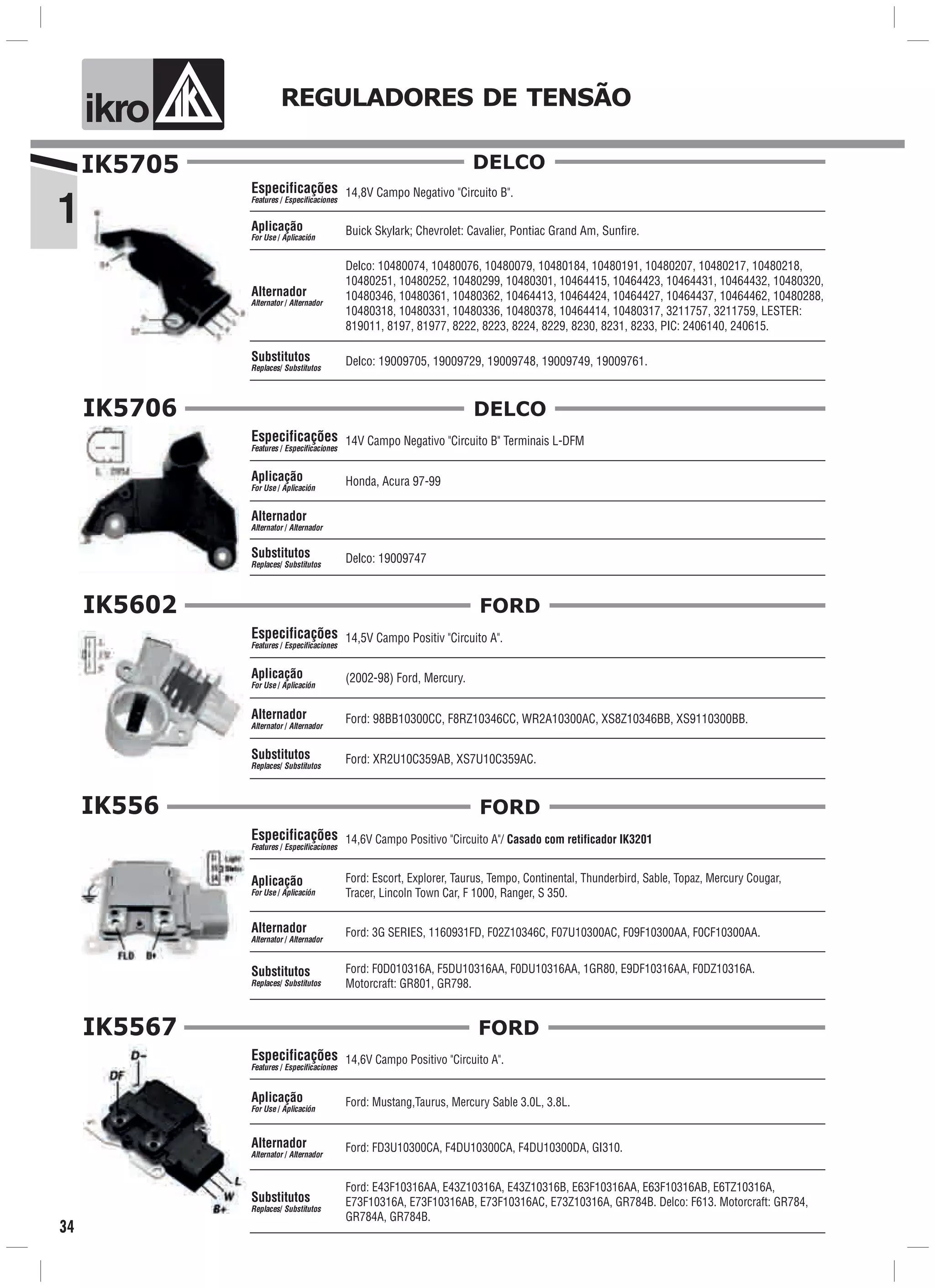 REGULADORES DE TENSÃO
ik o
1
34
IK5705
14,8V Campo Negativo "Circuito B".
Buick Skylark; Chevrolet: Cavalier, Pontiac Grand Am, Sunfire.
Delco: 19009705, 19009729, 19009748, 19009749, 19009761.
Especificações
Features / Especificaciones
Aplicação
For Use / Aplicación
Alternador
Alternator / Alternador
Substitutos
Replaces/ Substitutos
Delco: 10480074, 10480076, 10480079, 10480184, 10480191, 10480207, 10480217, 10480218,
10480251, 10480252, 10480299, 10480301, 10464415, 10464423, 10464431, 10464432, 10480320,
10480346, 10480361, 10480362, 10464413, 10464424, 10464427, 10464437, 10464462, 10480288,
10480318, 10480331, 10480336, 10480378, 10464414, 10480317, 3211757, 3211759, LESTER:
819011, 8197, 81977, 8222, 8223, 8224, 8229, 8230, 8231, 8233, PIC: 2406140, 240615.
DELCO
IK5706
14V Campo Negativo "Circuito B" Terminais L-DFM
Honda, Acura 97-99
Delco: 19009747
Especificações
Features / Especificaciones
Aplicação
For Use / Aplicación
Alternador
Alternator / Alternador
Substitutos
Replaces/ Substitutos
DELCO
IK5602
14,5V Campo Positiv "Circuito A".
(2002-98) Ford, Mercury.
Ford: XR2U10C359AB, XS7U10C359AC.
Especificações
Features / Especificaciones
Aplicação
For Use / Aplicación
Alternador
Alternator / Alternador
Substitutos
Replaces/ Substitutos
Ford: 98BB10300CC, F8RZ10346CC, WR2A10300AC, XS8Z10346BB, XS9110300BB.
FORD
IK556
14,6V Campo Positivo "Circuito A"/ Casado com retificador IK3201
Ford: 3G SERIES, 1160931FD, F02Z10346C, F07U10300AC, F09F10300AA, F0CF10300AA.
Ford: Escort, Explorer, Taurus, Tempo, Continental, Thunderbird, Sable, Topaz, Mercury Cougar,
Tracer, Lincoln Town Car, F 1000, Ranger, S 350.
Ford: F0D010316A, F5DU10316AA, F0DU10316AA, 1GR80, E9DF10316AA, F0DZ10316A.
Motorcraft: GR801, GR798.
Especificações
Features / Especificaciones
Aplicação
For Use / Aplicación
Alternador
Alternator / Alternador
Substitutos
Replaces/ Substitutos
FORD
IK5567
14,6V Campo Positivo "Circuito A".
Ford: Mustang,Taurus, Mercury Sable 3.0L, 3.8L.
Ford: E43F10316AA, E43Z10316A, E43Z10316B, E63F10316AA, E63F10316AB, E6TZ10316A,
E73F10316A, E73F10316AB, E73F10316AC, E73Z10316A, GR784B. Delco: F613. Motorcraft: GR784,
GR784A, GR784B.
Especificações
Features / Especificaciones
Aplicação
For Use / Aplicación
Alternador
Alternator / Alternador
Substitutos
Replaces/ Substitutos
Ford: FD3U10300CA, F4DU10300CA, F4DU10300DA, GI310.
FORD
 