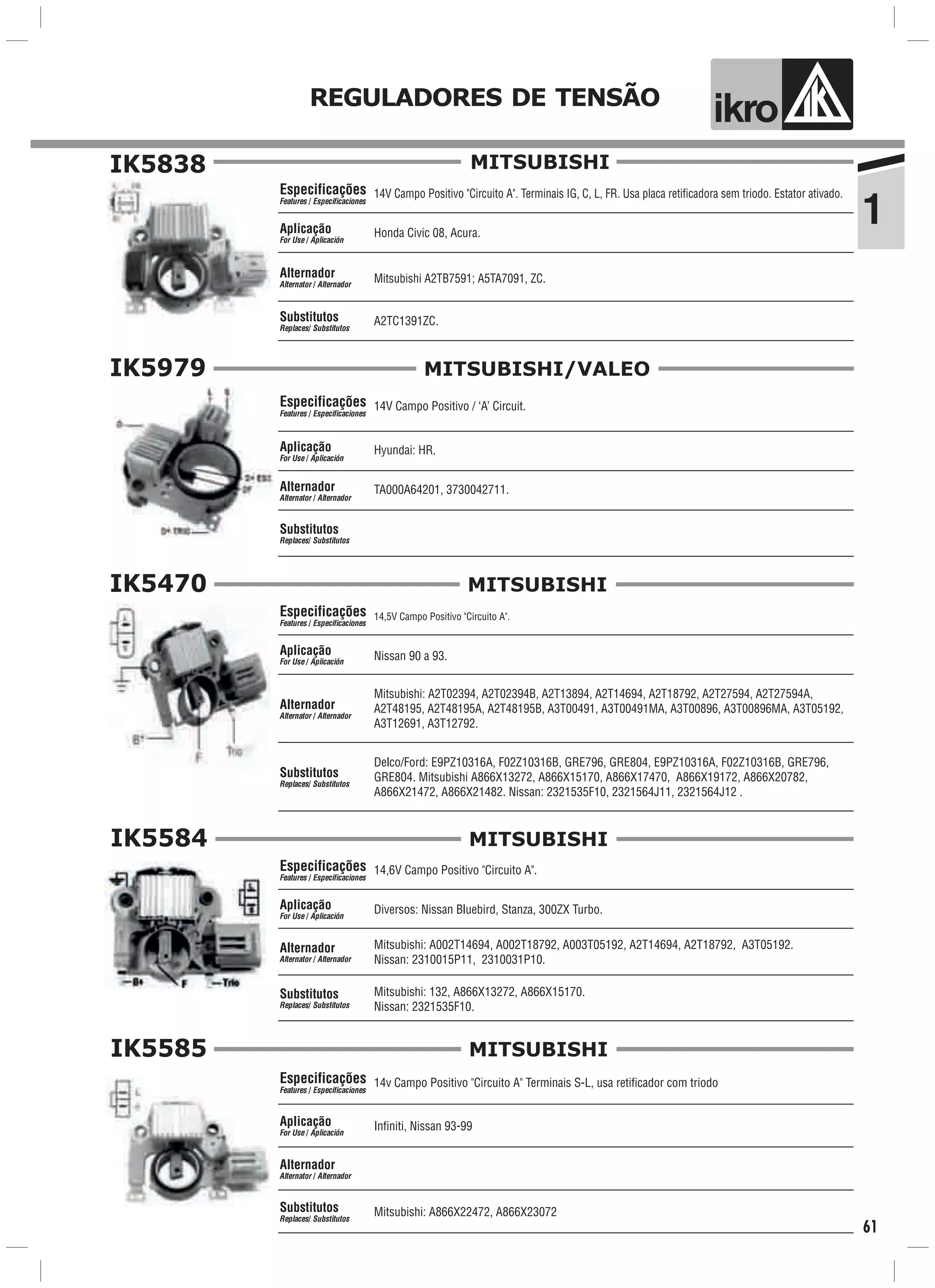 ik oREGULADORES DE TENSÃO
1
61
IK5838
Mitsubishi A2TB7591; A5TA7091, ZC.
Honda Civic 08, Acura.Aplicação
For Use / Aplicación
Alternador
Alternator / Alternador
14V Campo Positivo "Circuito A". Terminais IG, C, L, FR. Usa placa retificadora sem triodo. Estator ativado.
A2TC1391ZC.
Especificações
Features / Especificaciones
Substitutos
Replaces/ Substitutos
MITSUBISHI
MITSUBISHI/VALEOIK5979
14V Campo Positivo / ‘A’ Circuit.
Hyundai: HR.
Especificações
Features / Especificaciones
Aplicação
For Use / Aplicación
Alternador
Alternator / Alternador
Substitutos
Replaces/ Substitutos
TA000A64201, 3730042711.
IK5470
14,5V Campo Positivo "Circuito A".
Nissan 90 a 93.
Especificações
Features / Especificaciones
Aplicação
For Use / Aplicación
Alternador
Alternator / Alternador
Delco/Ford: E9PZ10316A, F02Z10316B, GRE796, GRE804, E9PZ10316A, F02Z10316B, GRE796,
GRE804. Mitsubishi A866X13272, A866X15170, A866X17470, A866X19172, A866X20782,
A866X21472, A866X21482. Nissan: 2321535F10, 2321564J11, 2321564J12 .
Substitutos
Replaces/ Substitutos
Mitsubishi: A2T02394, A2T02394B, A2T13894, A2T14694, A2T18792, A2T27594, A2T27594A,
A2T48195, A2T48195A, A2T48195B, A3T00491, A3T00491MA, A3T00896, A3T00896MA, A3T05192,
A3T12691, A3T12792.
MITSUBISHI
IK5584
14,6V Campo Positivo "Circuito A".
Diversos: Nissan Bluebird, Stanza, 300ZX Turbo.
Mitsubishi: 132, A866X13272, A866X15170.
Nissan: 2321535F10.
Especificações
Features / Especificaciones
Aplicação
For Use / Aplicación
Alternador
Alternator / Alternador
Substitutos
Replaces/ Substitutos
Mitsubishi: A002T14694, A002T18792, A003T05192, A2T14694, A2T18792, A3T05192.
Nissan: 2310015P11, 2310031P10.
MITSUBISHI
IK5585
14v Campo Positivo "Circuito A" Terminais S-L, usa retificador com triodo
Infiniti, Nissan 93-99
Mitsubishi: A866X22472, A866X23072
Especificações
Features / Especificaciones
Aplicação
For Use / Aplicación
Alternador
Alternator / Alternador
Substitutos
Replaces/ Substitutos
MITSUBISHI
 