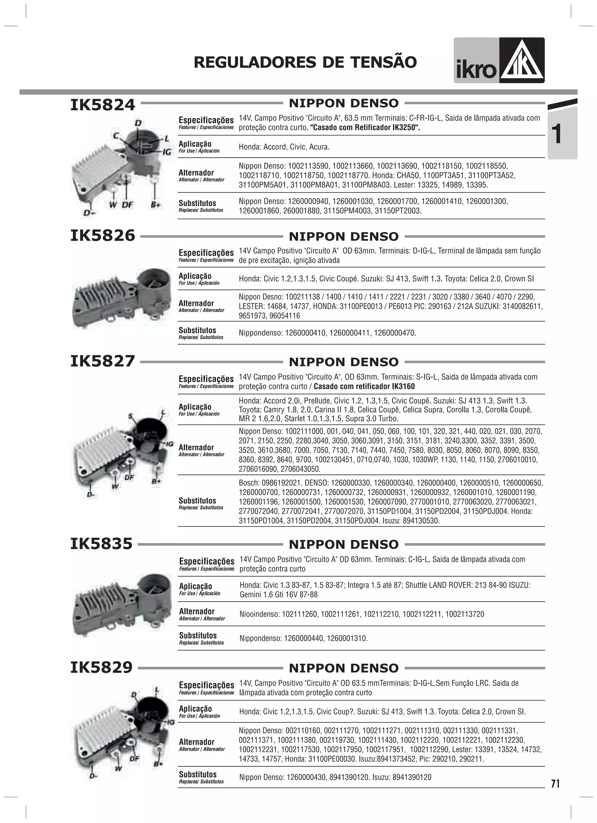 1
ik oREGULADORES DE TENSÃO
71
IK5824
14V, Campo Positivo "Circuito A", 63.5 mm Terminais: C-FR-IG-L, Saida de lâmpada ativada com
proteção contra curto. " ".Casado com Retificador IK3250
Nippon Denso: 1002113590, 1002113660, 1002113690, 1002118150, 1002118550,
1002118710, 1002118750, 1002118770. Honda: CHA50, 1100PT3A51, 31100PT3A52,
31100PM5A01, 31100PM8A01, 31100PM8A03. Lester: 13325, 14989, 13395.
Honda: Accord, Civic, Acura.
Nippon Denso: 1260000940, 1260001030, 1260001700, 1260001410, 1260001300,
1260001860, 260001880, 31150PM4003, 31150PT2003.
Especificações
Features / Especificaciones
Aplicação
For Use / Aplicación
Alternador
Alternator / Alternador
Substitutos
Replaces/ Substitutos
NIPPON DENSO
IK5826
14V Campo Positivo "Circuito A" OD 63mm. Terminais: D-IG-L, Terminal de lâmpada sem função
de pre excitação, ignição ativada
Nippon Desno: 100211138 / 1400 / 1410 / 1411 / 2221 / 2231 / 3020 / 3380 / 3640 / 4070 / 2290,
LESTER: 14684, 14737, HONDA: 31100PE0013 / PE6013 PIC: 290163 / 212A SUZUKI: 3140082611,
9651973, 96054116
Honda: Civic 1.2,1.3,1.5, Civic Coupé. Suzuki: SJ 413, Swift 1.3. Toyota: Celica 2.0, Crown SI
Nippondenso: 1260000410, 1260000411, 1260000470.
Especificações
Features / Especificaciones
Aplicação
For Use / Aplicación
Alternador
Alternator / Alternador
Substitutos
Replaces/ Substitutos
NIPPON DENSO
IK5827
14V Campo Positivo "Circuito A", OD 63mm. Terminais: S-IG-L, Saida de lâmpada ativada com
proteção contra curto / Casado com retificador IK3160
Nippon Denso: 1002111000, 001, 040, 041, 050, 060, 100, 101, 320, 321, 440, 020, 021, 030, 2070,
2071, 2150, 2250, 2280,3040, 3050, 3060,3091, 3150, 3151, 3181, 3240,3300, 3352, 3391, 3500,
3520, 3610,3680, 7000, 7050, 7130, 7140, 7440, 7450, 7580, 8030, 8050, 8060, 8070, 8090, 8350,
8360, 8392, 8640, 9700, 1002130451, 0710,0740, 1030, 1030WP, 1130, 1140, 1150, 2706010010,
2706016090, 2706043050.
Honda: Accord 2.0i, Prellude, Civic 1.2, 1.3,1.5, Civic Coupê. Suzuki: SJ 413 1.3, Swift 1.3.
Toyota: Camry 1.8, 2.0, Carina II 1.8, Celica Coupê, Celica Supra, Corolla 1.3, Corolla Coupê,
MR 2 1.6,2.0, Starlet 1.0,1.3,1.5, Supra 3.0 Turbo.
Especificações
Features / Especificaciones
Aplicação
For Use / Aplicación
Alternador
Alternator / Alternador
Bosch: 0986192021. DENSO: 1260000330, 1260000340, 1260000400, 1260000510, 1260000650,
1260000700, 1260000731, 1260000732, 1260000931, 1260000932, 1260001010, 1260001190,
1260001196, 1260001500, 1260001530, 1260007090, 2770001010, 2770063020, 2770063021,
2770072040, 2770072041, 2770072070, 31150PD1004, 31150PD2004, 31150PDJ004. Honda:
31150PD1004, 31150PD2004, 31150PDJ004. Isuzu: 894130530.
Substitutos
Replaces/ Substitutos
NIPPON DENSO
IK5835
14V Campo Positivo "Circuito A" OD 63mm. Terminais: C-IG-L, Saida de lâmpada ativada com
proteção contra curto
Niooindenso: 102111260, 1002111261, 102112210, 1002112211, 1002113720
Honda: Civic 1.3 83-87, 1.5 83-87; Integra 1.5 até 87; Shuttle LAND ROVER: 213 84-90 ISUZU:
Gemini 1.6 Gti 16V 87-88
Nippondenso: 1260000440, 1260001310.
Especificações
Features / Especificaciones
Aplicação
For Use / Aplicación
Alternador
Alternator / Alternador
Substitutos
Replaces/ Substitutos
NIPPON DENSO
IK5829
14V, Campo Positivo "Circuito A" OD 63.5 mmTerminais: D-IG-L.Sem Função LRC. Saida de
lâmpada ativada com proteção contra curto
Nippon Denso: 002110160, 002111270, 1002111271, 002111310, 002111330, 002111331,
002111371, 1002111380, 002119730, 1002111430, 1002112220, 1002112221, 1002112230,
1002112231, 1002117530, 1002117950, 1002117951, 1002112290, Lester: 13391, 13524, 14732,
14733, 14757, Honda: 31100PE00030. Isuzu:8941373452, Pic: 290210, 290211.
Honda: Civic 1.2,1.3,1.5, Civic Coup?. Suzuki: SJ 413, Swift 1.3. Toyota: Celica 2.0, Crown SI.
Nippon Denso: 1260000430, 8941390120. Isuzu: 8941390120
Especificações
Features / Especificaciones
Aplicação
For Use / Aplicación
Alternador
Alternator / Alternador
Substitutos
Replaces/ Substitutos
NIPPON DENSO
 