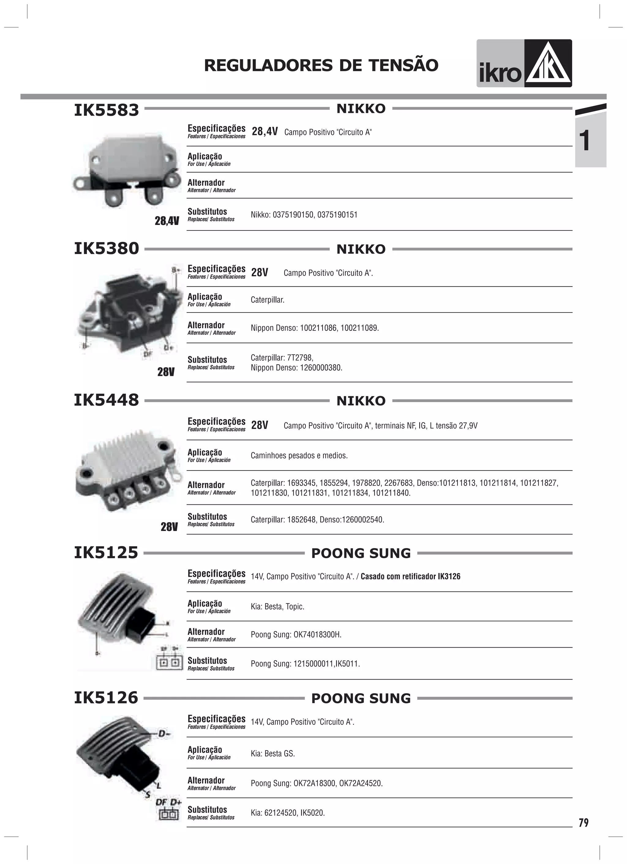 ik o
1
REGULADORES DE TENSÃO
79
NIKKOIK5583
Campo Positivo "Circuito A"Especificações
Features / Especificaciones
Nikko: 0375190150, 0375190151
Aplicação
For Use / Aplicación
Alternador
Alternator / Alternador
Substitutos
Replaces/ Substitutos
28,4V
28,4V
IK5380
Campo Positivo "Circuito A".
Caterpillar.
Caterpillar: 7T2798,
Nippon Denso: 1260000380.
Especificações
Features / Especificaciones
Aplicação
For Use / Aplicación
Alternador
Alternator / Alternador
Substitutos
Replaces/ Substitutos
Nippon Denso: 100211086, 100211089.
28V
28V
NIKKO
IK5448
Campo Positivo "Circuito A", terminais NF, IG, L tensão 27,9V
Caminhoes pesados e medios.
Especificações
Features / Especificaciones
Aplicação
For Use / Aplicación
Alternador
Alternator / Alternador
Caterpillar: 1852648, Denso:1260002540.Substitutos
Replaces/ Substitutos
Caterpillar: 1693345, 1855294, 1978820, 2267683, Denso:101211813, 101211814, 101211827,
101211830, 101211831, 101211834, 101211840.
28V
28V
NIKKO
IK5125
14V, Campo Positivo "Circuito A". / Casado com retificador IK3126
Poong Sung: OK74018300H.
Kia: Besta, Topic.
Poong Sung: 1215000011,IK5011.
Especificações
Features / Especificaciones
Aplicação
For Use / Aplicación
Alternador
Alternator / Alternador
Substitutos
Replaces/ Substitutos
POONG SUNG
IK5126
14V, Campo Positivo "Circuito A".
Poong Sung: OK72A18300, OK72A24520.
Kia: Besta GS.
Kia: 62124520, IK5020.
Especificações
Features / Especificaciones
Aplicação
For Use / Aplicación
Alternador
Alternator / Alternador
Substitutos
Replaces/ Substitutos
POONG SUNG
 