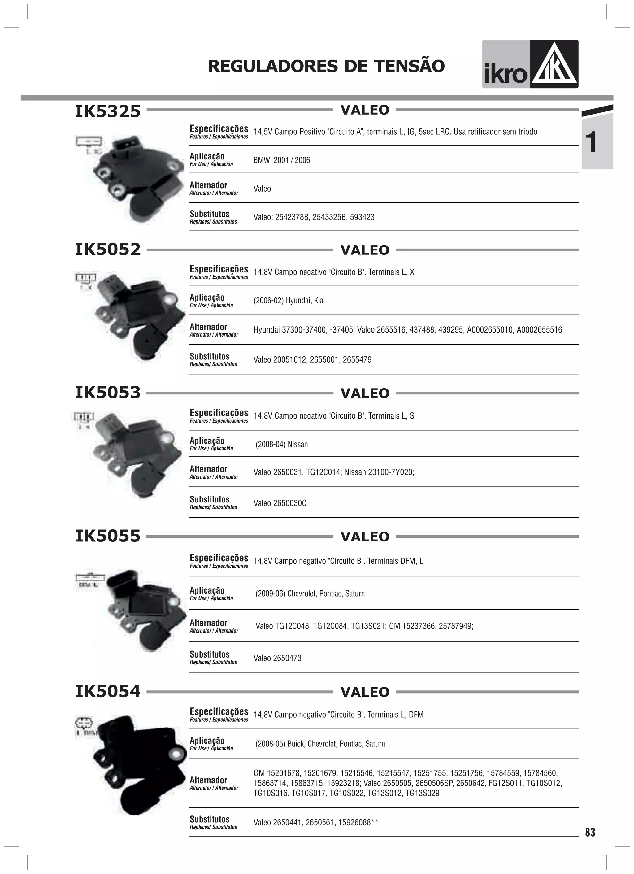 ik o
1
REGULADORES DE TENSÃO
83
IK5325
Valeo
BMW: 2001 / 2006Aplicação
For Use / Aplicación
Alternador
Alternator / Alternador
14,5V Campo Positivo "Circuito A", terminais L, IG, 5sec LRC. Usa retificador sem triodo
Valeo: 2542378B, 2543325B, 593423
Especificações
Features / Especificaciones
Substitutos
Replaces/ Substitutos
VALEO
IK5052
Hyundai 37300-37400, -37405; Valeo 2655516, 437488, 439295, A0002655010, A0002655516
(2006-02) Hyundai, KiaAplicação
For Use / Aplicación
Alternador
Alternator / Alternador
14,8V Campo negativo "Circuito B". Terminais L, X
Valeo 20051012, 2655001, 2655479
Especificações
Features / Especificaciones
Substitutos
Replaces/ Substitutos
VALEO
IK5053
Valeo 2650031, TG12C014; Nissan 23100-7Y020;
(2008-04) NissanAplicação
For Use / Aplicación
Alternador
Alternator / Alternador
14,8V Campo negativo "Circuito B". Terminais L, S
Valeo 2650030C
Especificações
Features / Especificaciones
Substitutos
Replaces/ Substitutos
VALEO
IK5055
Valeo TG12C048, TG12C084, TG13S021; GM 15237366, 25787949;
(2009-06) Chevrolet, Pontiac, SaturnAplicação
For Use / Aplicación
Alternador
Alternator / Alternador
14,8V Campo negativo "Circuito B". Terminais DFM, L
Valeo 2650473
Especificações
Features / Especificaciones
Substitutos
Replaces/ Substitutos
VALEO
IK5054
GM 15201678, 15201679, 15215546, 15215547, 15251755, 15251756, 15784559, 15784560,
15863714, 15863715, 15923218; Valeo 2650505, 2650506SP, 2650642, FG12S011, TG10S012,
TG10S016, TG10S017, TG10S022, TG13S012, TG13S029
(2008-05) Buick, Chevrolet, Pontiac, SaturnAplicação
For Use / Aplicación
Alternador
Alternator / Alternador
14,8V Campo negativo "Circuito B". Terminais L, DFM
Valeo 2650441, 2650561, 15926088**
Especificações
Features / Especificaciones
Substitutos
Replaces/ Substitutos
VALEO
 