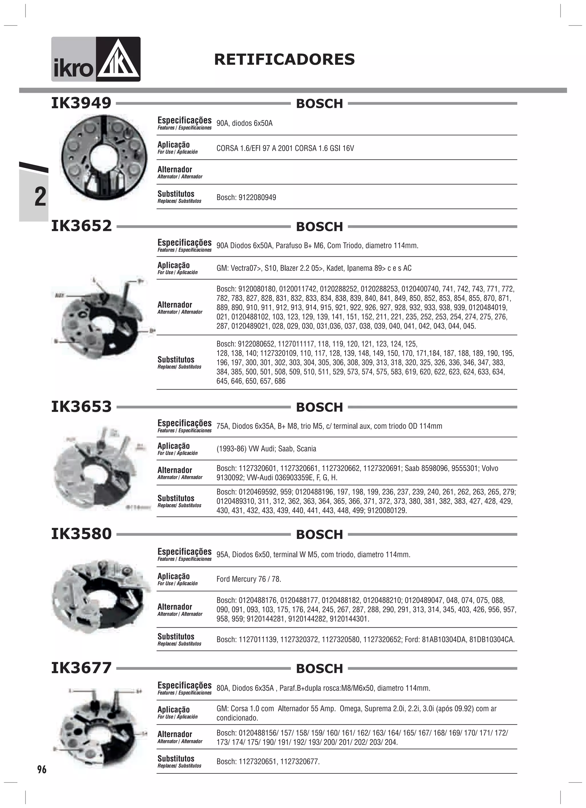 2
ik o RETIFICADORES
96
IK3949
90A, diodos 6x50A
CORSA 1.6/EFI 97 A 2001 CORSA 1.6 GSI 16V
Bosch: 9122080949
Especificações
Features / Especificaciones
Aplicação
For Use / Aplicación
Alternador
Alternator / Alternador
Substitutos
Replaces/ Substitutos
BOSCH
IK3652
90A Diodos 6x50A, Parafuso B+ M6, Com Triodo, diametro 114mm.
GM: Vectra07>, S10, Blazer 2.2 05>, Kadet, Ipanema 89> c e s AC
Especificações
Features / Especificaciones
Aplicação
For Use / Aplicación
Alternador
Alternator / Alternador
Bosch: 9122080652, 1127011117, 118, 119, 120, 121, 123, 124, 125,
128, 138, 140; 1127320109, 110, 117, 128, 139, 148, 149, 150, 170, 171,184, 187, 188, 189, 190, 195,
196, 197, 300, 301, 302, 303, 304, 305, 306, 308, 309, 313, 318, 320, 325, 326, 336, 346, 347, 383,
384, 385, 500, 501, 508, 509, 510, 511, 529, 573, 574, 575, 583, 619, 620, 622, 623, 624, 633, 634,
645, 646, 650, 657, 686
Substitutos
Replaces/ Substitutos
Bosch: 9120080180, 0120011742, 0120288252, 0120288253, 0120400740, 741, 742, 743, 771, 772,
782, 783, 827, 828, 831, 832, 833, 834, 838, 839, 840, 841, 849, 850, 852, 853, 854, 855, 870, 871,
889, 890, 910, 911, 912, 913, 914, 915, 921, 922, 926, 927, 928, 932, 933, 938, 939, 0120484019,
021, 0120488102, 103, 123, 129, 139, 141, 151, 152, 211, 221, 235, 252, 253, 254, 274, 275, 276,
287, 0120489021, 028, 029, 030, 031,036, 037, 038, 039, 040, 041, 042, 043, 044, 045.
BOSCH
IK3653
75A, Diodos 6x35A, B+ M8, trio M5, c/ terminal aux, com triodo OD 114mm
(1993-86) VW Audi; Saab, Scania
Bosch: 0120469592, 959; 0120488196, 197, 198, 199, 236, 237, 239, 240, 261, 262, 263, 265, 279;
0120489310, 311, 312, 362, 363, 364, 365, 366, 371, 372, 373, 380, 381, 382, 383, 427, 428, 429,
430, 431, 432, 433, 439, 440, 441, 443, 448, 499; 9120080129.
Especificações
Features / Especificaciones
Aplicação
For Use / Aplicación
Alternador
Alternator / Alternador
Substitutos
Replaces/ Substitutos
Bosch: 1127320601, 1127320661, 1127320662, 1127320691; Saab 8598096, 9555301; Volvo
9130092; VW-Audi 036903359E, F, G, H.
BOSCH
IK3580
95A, Diodos 6x50, terminal W M5, com triodo, diametro 114mm.
Ford Mercury 76 / 78.
Bosch: 1127011139, 1127320372, 1127320580, 1127320652; Ford: 81AB10304DA, 81DB10304CA.
Especificações
Features / Especificaciones
Aplicação
For Use / Aplicación
Alternador
Alternator / Alternador
Substitutos
Replaces/ Substitutos
Bosch: 0120488176, 0120488177, 0120488182, 0120488210; 0120489047, 048, 074, 075, 088,
090, 091, 093, 103, 175, 176, 244, 245, 267, 287, 288, 290, 291, 313, 314, 345, 403, 426, 956, 957,
958, 959; 9120144281, 9120144282, 9120144301.
BOSCH
IK3677
80A, Diodos 6x35A , Paraf.B+dupla rosca:M8/M6x50, diametro 114mm.
GM: Corsa 1.0 com Alternador 55 Amp. Omega, Suprema 2.0i, 2.2i, 3.0i (após 09.92) com ar
condicionado.
Bosch: 1127320651, 1127320677.
Especificações
Features / Especificaciones
Aplicação
For Use / Aplicación
Alternador
Alternator / Alternador
Substitutos
Replaces/ Substitutos
Bosch: 0120488156/ 157/ 158/ 159/ 160/ 161/ 162/ 163/ 164/ 165/ 167/ 168/ 169/ 170/ 171/ 172/
173/ 174/ 175/ 190/ 191/ 192/ 193/ 200/ 201/ 202/ 203/ 204.
BOSCH
 
