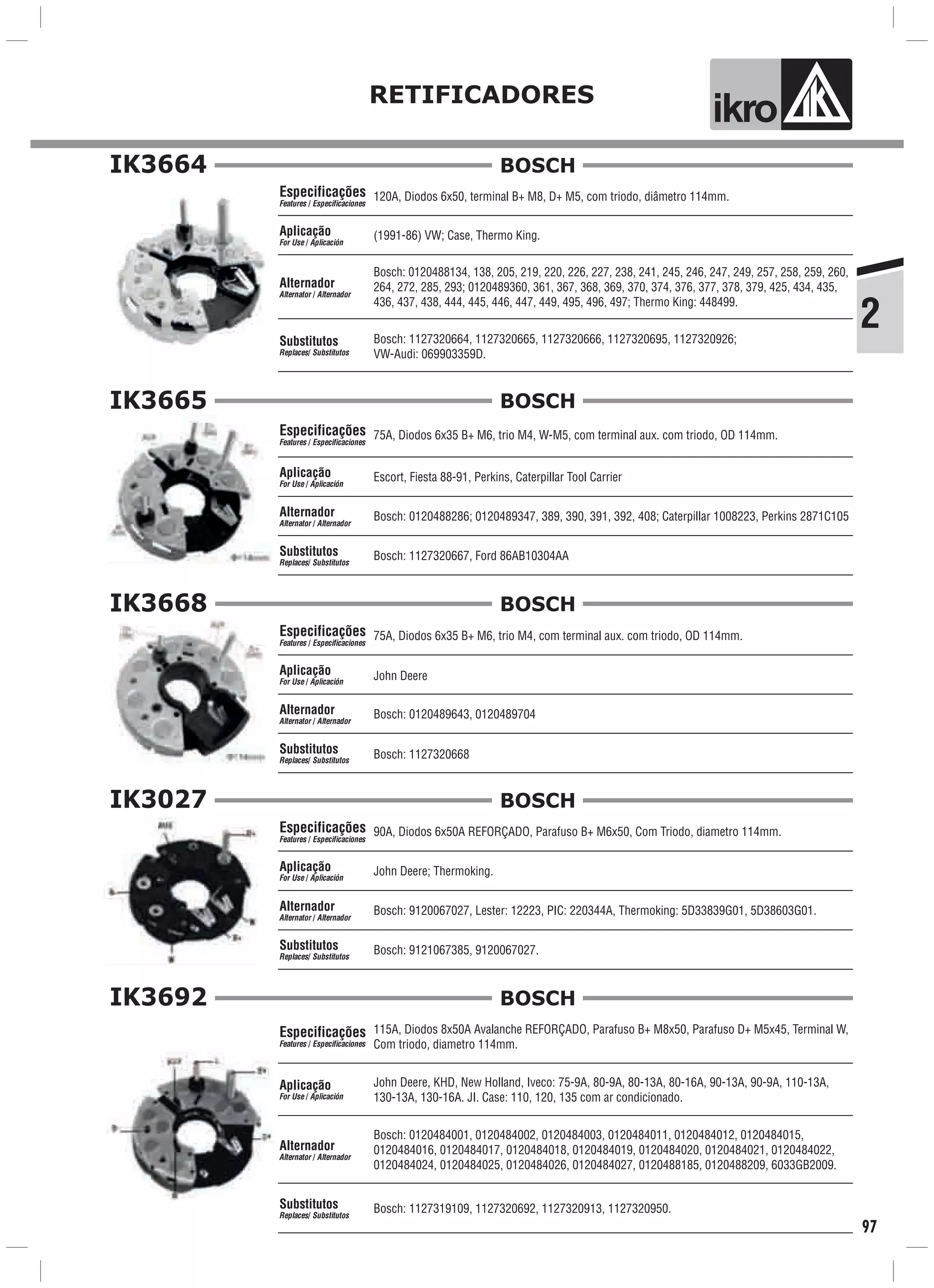 2
RETIFICADORES
ik o
97
IK3664
120A, Diodos 6x50, terminal B+ M8, D+ M5, com triodo, diâmetro 114mm.
(1991-86) VW; Case, Thermo King.
Bosch: 1127320664, 1127320665, 1127320666, 1127320695, 1127320926;
VW-Audi: 069903359D.
Especificações
Features / Especificaciones
Aplicação
For Use / Aplicación
Alternador
Alternator / Alternador
Substitutos
Replaces/ Substitutos
Bosch: 0120488134, 138, 205, 219, 220, 226, 227, 238, 241, 245, 246, 247, 249, 257, 258, 259, 260,
264, 272, 285, 293; 0120489360, 361, 367, 368, 369, 370, 374, 376, 377, 378, 379, 425, 434, 435,
436, 437, 438, 444, 445, 446, 447, 449, 495, 496, 497; Thermo King: 448499.
BOSCH
IK3665
75A, Diodos 6x35 B+ M6, trio M4, W-M5, com terminal aux. com triodo, OD 114mm.
Escort, Fiesta 88-91, Perkins, Caterpillar Tool Carrier
Bosch: 1127320667, Ford 86AB10304AA
Especificações
Features / Especificaciones
Aplicação
For Use / Aplicación
Alternador
Alternator / Alternador
Substitutos
Replaces/ Substitutos
Bosch: 0120488286; 0120489347, 389, 390, 391, 392, 408; Caterpillar 1008223, Perkins 2871C105
BOSCH
IK3668
75A, Diodos 6x35 B+ M6, trio M4, com terminal aux. com triodo, OD 114mm.
John Deere
Bosch: 1127320668
Especificações
Features / Especificaciones
Aplicação
For Use / Aplicación
Alternador
Alternator / Alternador
Substitutos
Replaces/ Substitutos
Bosch: 0120489643, 0120489704
BOSCH
IK3027
90A, Diodos 6x50A REFORÇADO, Parafuso B+ M6x50, Com Triodo, diametro 114mm.
John Deere; Thermoking.
Bosch: 9121067385, 9120067027.
Especificações
Features / Especificaciones
Aplicação
For Use / Aplicación
Alternador
Alternator / Alternador
Substitutos
Replaces/ Substitutos
Bosch: 9120067027, Lester: 12223, PIC: 220344A, Thermoking: 5D33839G01, 5D38603G01.
BOSCH
IK3692
115A, Diodos 8x50A Avalanche REFORÇADO, Parafuso B+ M8x50, Parafuso D+ M5x45, Terminal W,
Com triodo, diametro 114mm.
John Deere, KHD, New Holland, Iveco: 75-9A, 80-9A, 80-13A, 80-16A, 90-13A, 90-9A, 110-13A,
130-13A, 130-16A. JI. Case: 110, 120, 135 com ar condicionado.
Bosch: 1127319109, 1127320692, 1127320913, 1127320950.
Especificações
Features / Especificaciones
Aplicação
For Use / Aplicación
Substitutos
Replaces/ Substitutos
Alternador
Alternator / Alternador
Bosch: 0120484001, 0120484002, 0120484003, 0120484011, 0120484012, 0120484015,
0120484016, 0120484017, 0120484018, 0120484019, 0120484020, 0120484021, 0120484022,
0120484024, 0120484025, 0120484026, 0120484027, 0120488185, 0120488209, 6033GB2009.
BOSCH
 