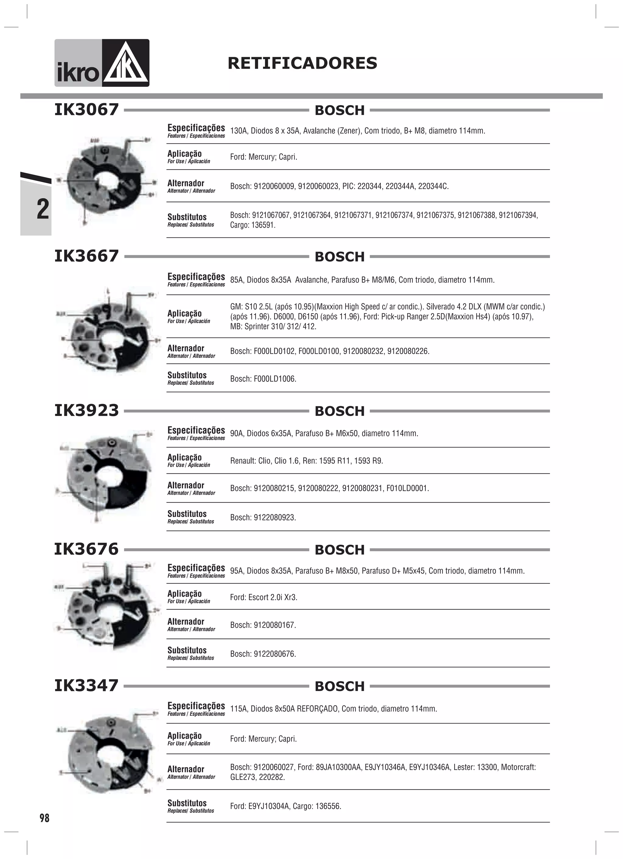 2
ik o RETIFICADORES
98
IK3067
130A, Diodos 8 x 35A, Avalanche (Zener), Com triodo, B+ M8, diametro 114mm.
Ford: Mercury; Capri.
Bosch: 9121067067, 9121067364, 9121067371, 9121067374, 9121067375, 9121067388, 9121067394,
Cargo: 136591.
Especificações
Features / Especificaciones
Aplicação
For Use / Aplicación
Alternador
Alternator / Alternador
Substitutos
Replaces/ Substitutos
Bosch: 9120060009, 9120060023, PIC: 220344, 220344A, 220344C.
BOSCH
IK3667
85A, Diodos 8x35A Avalanche, Parafuso B+ M8/M6, Com triodo, diametro 114mm.
GM: S10 2.5L (após 10.95)(Maxxion High Speed c/ ar condic.). Silverado 4.2 DLX (MWM c/ar condic.)
(após 11.96). D6000, D6150 (após 11.96), Ford: Pick-up Ranger 2.5D(Maxxion Hs4) (após 10.97),
MB: Sprinter 310/ 312/ 412.
Bosch: F000LD1006.
Especificações
Features / Especificaciones
Aplicação
For Use / Aplicación
Alternador
Alternator / Alternador
Substitutos
Replaces/ Substitutos
Bosch: F000LD0102, F000LD0100, 9120080232, 9120080226.
BOSCH
IK3923
90A, Diodos 6x35A, Parafuso B+ M6x50, diametro 114mm.
Renault: Clio, Clio 1.6, Ren: 1595 R11, 1593 R9.
Bosch: 9122080923.
Especificações
Features / Especificaciones
Aplicação
For Use / Aplicación
Alternador
Alternator / Alternador
Substitutos
Replaces/ Substitutos
Bosch: 9120080215, 9120080222, 9120080231, F010LD0001.
BOSCH
IK3676
95A, Diodos 8x35A, Parafuso B+ M8x50, Parafuso D+ M5x45, Com triodo, diametro 114mm.
Ford: Escort 2.0i Xr3.
Bosch: 9122080676.
Especificações
Features / Especificaciones
Aplicação
For Use / Aplicación
Alternador
Alternator / Alternador
Substitutos
Replaces/ Substitutos
Bosch: 9120080167.
BOSCH
IK3347
115A, Diodos 8x50A REFORÇADO, Com triodo, diametro 114mm.
Ford: Mercury; Capri.
Ford: E9YJ10304A, Cargo: 136556.
Especificações
Features / Especificaciones
Aplicação
For Use / Aplicación
Alternador
Alternator / Alternador
Substitutos
Replaces/ Substitutos
Bosch: 9120060027, Ford: 89JA10300AA, E9JY10346A, E9YJ10346A, Lester: 13300, Motorcraft:
GLE273, 220282.
BOSCH
 