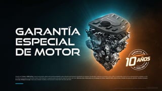 GARANTÍA
ESPECIAL
de motor
Garantía de 10 años ó 1MM de Kms, lo que ocurra primero, aplica solo al primer propietario y para vehículos que funcionen únicamente con Gasolina. No aplicable a vehículos convertidos a GLP o GNV. La unidad debe contar con los mantenimientos completos y al día
en Talleres Autorizados de la Red Altos Andes a Nivel Nacional. La garantía aplica solo para las siguientes piezas del motor: Block de motor, Culata (junto con el empaque de culata), Cigüeñal, Bielas, Ejes de levas, Variador de avance de admisión, Variador de avance
de escape, Múltiple de escape. Aplica para unidades vendidas a nivel nacional a contar del 01 de marzo del 2023.
*Imágenes referenciales.
*Especificaciones técnicas varían según versión y están sujetas a cambios sin previo aviso.
 